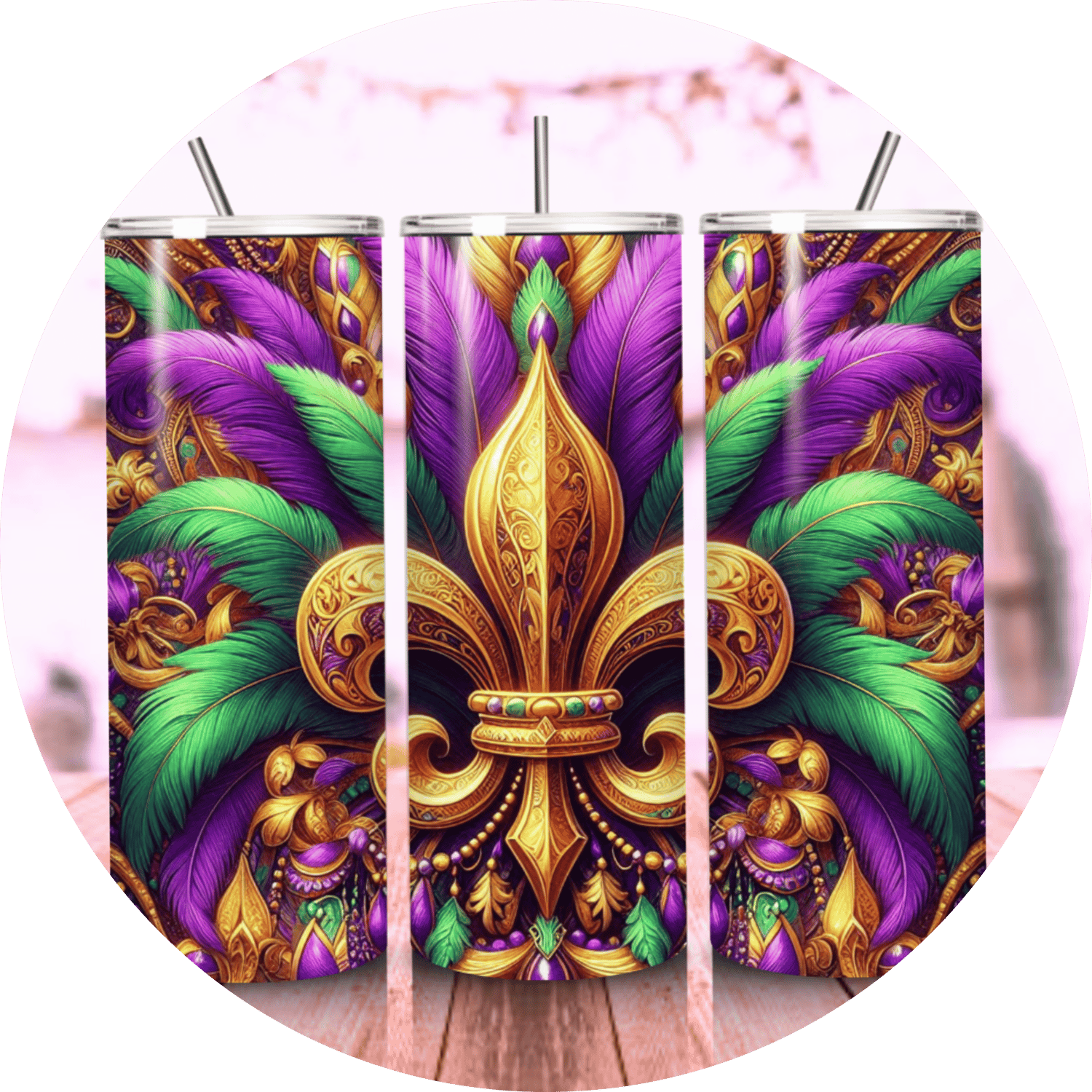 Vibrant Mardi Gras Sublimation Tumbler design for 20oz tumblers, featuring festive colors and elements like masks and beads. Perfect for creating custom Mardi Gras-themed drinkware.