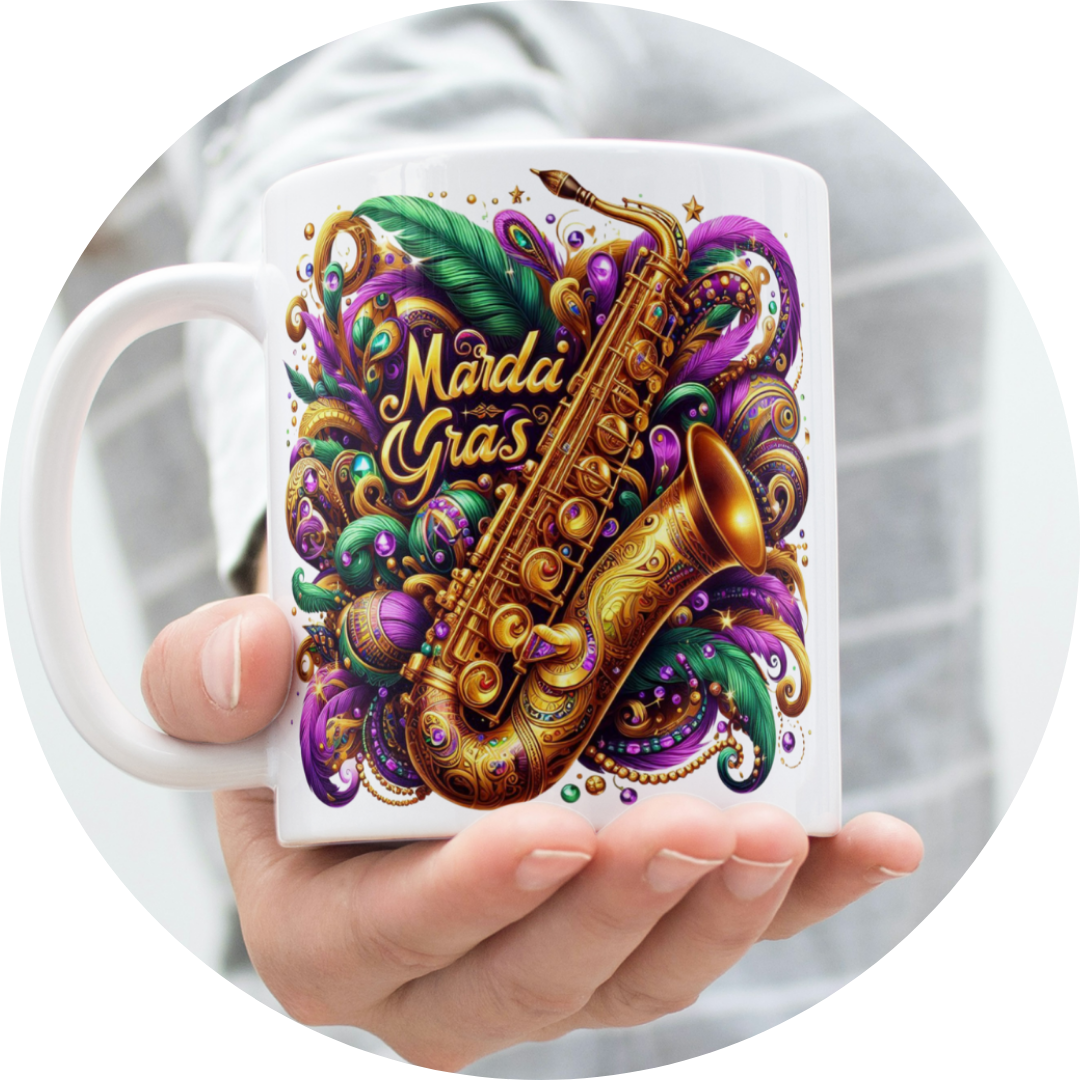 Festive Mardi Gras Sublimation Mug Wrap design featuring vibrant colors, masks, and beads. Perfect for creating custom Mardi Gras-themed mugs with ready-to-print artwork.