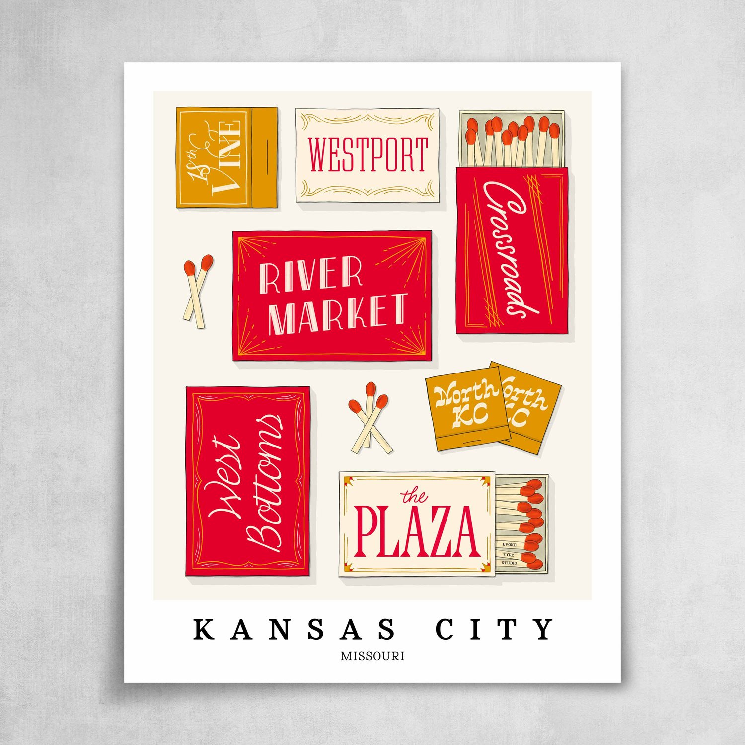 A collection of red and gold matchbooks featuring 7 neighborhoods in Kansas City, Missouri