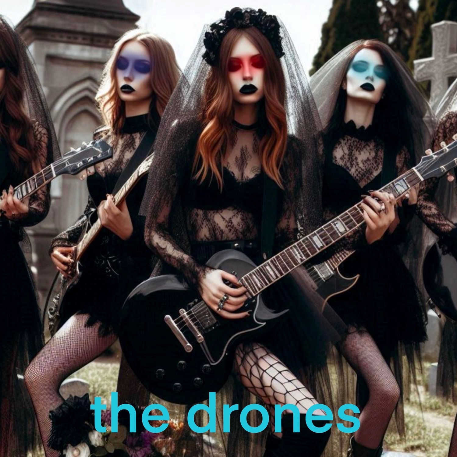 Drones band, 3 girls in a grave yard with electric guitars