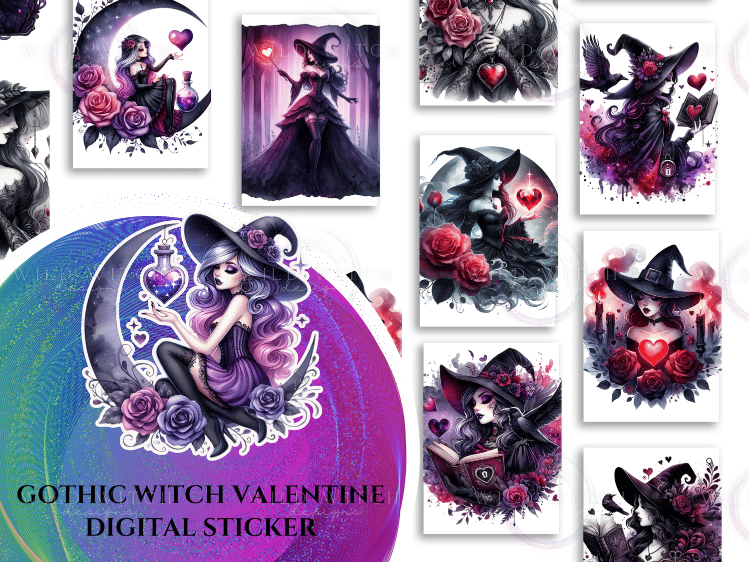 Gothic Witch Valentine Digital Sticker Pack | Pre-cropped Stickers Clip ...