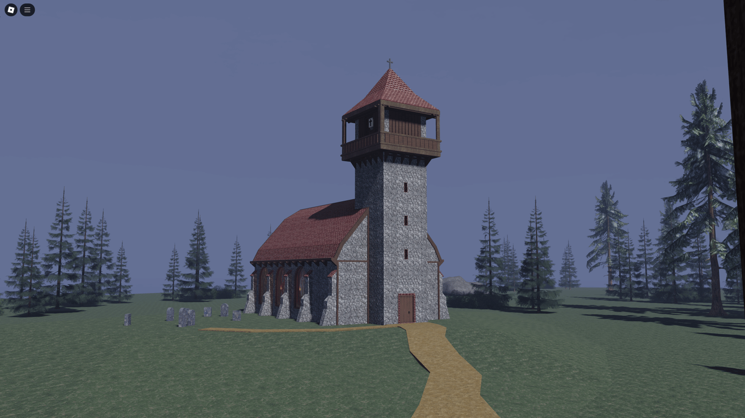Small-scale Medieval game map with a calm river and detailed village scenery