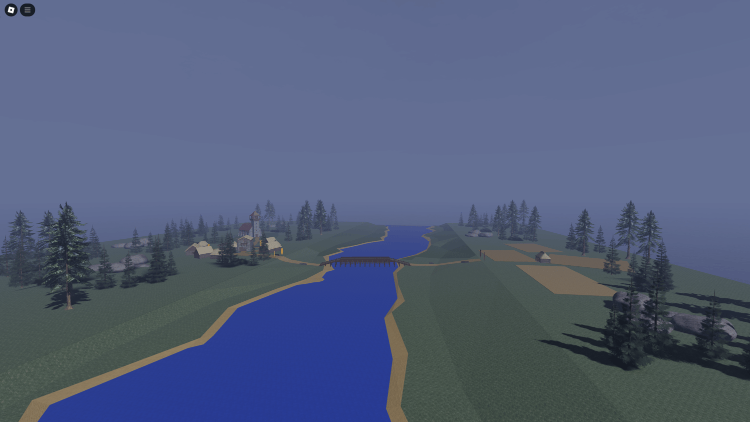 Serene 1300s Medieval game map with village, river, and farmland for immersive scenarios