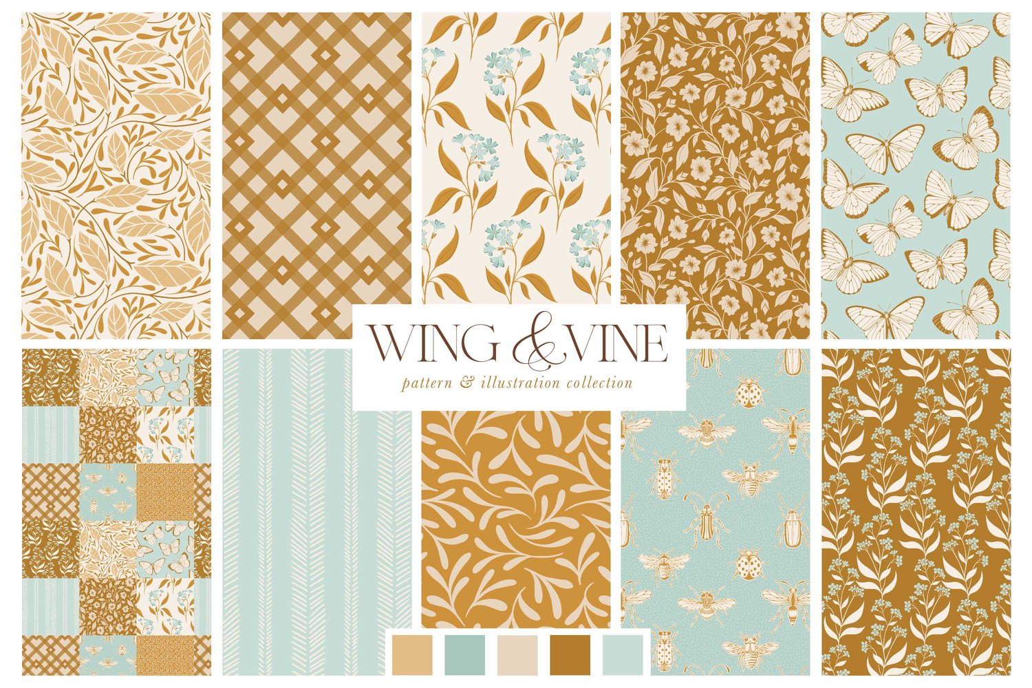 Surface pattern design collection in mint green and gold with Florals, butterflies, bugs, bees, gingham, stripes, and leaves