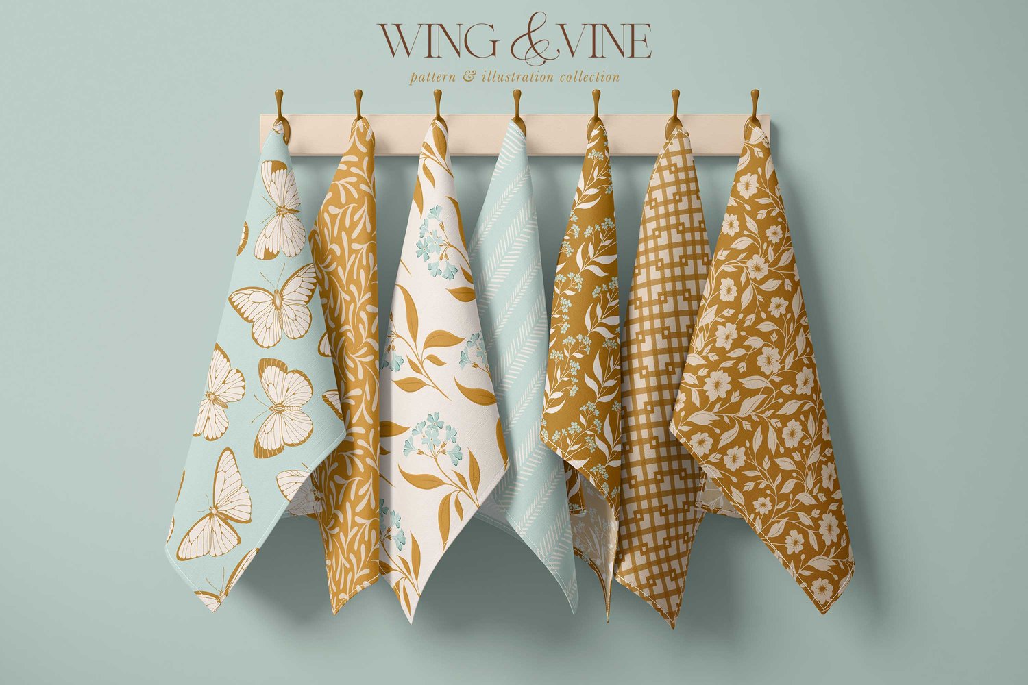Surface pattern design collection in mint green and gold with Florals, butterflies, bugs, bees, gingham, stripes, and leaves