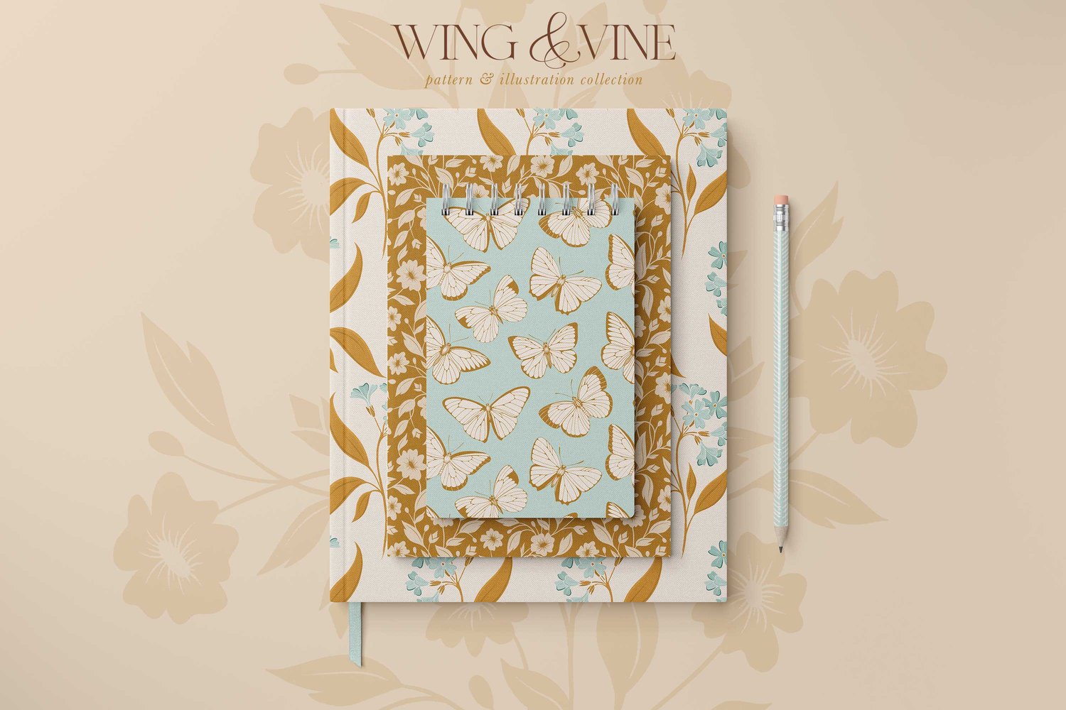 Surface pattern design collection in mint green and gold with Florals, butterflies, bugs, bees, gingham, stripes, and leaves