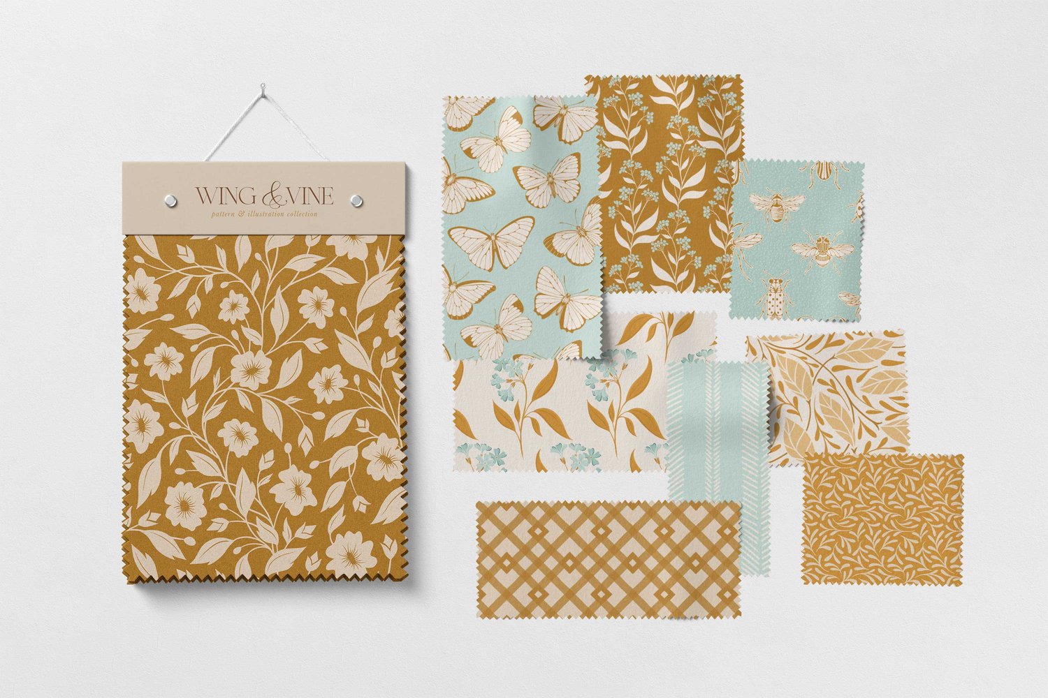 Surface pattern design collection in mint green and gold with Florals, butterflies, bugs, bees, gingham, stripes, and leaves