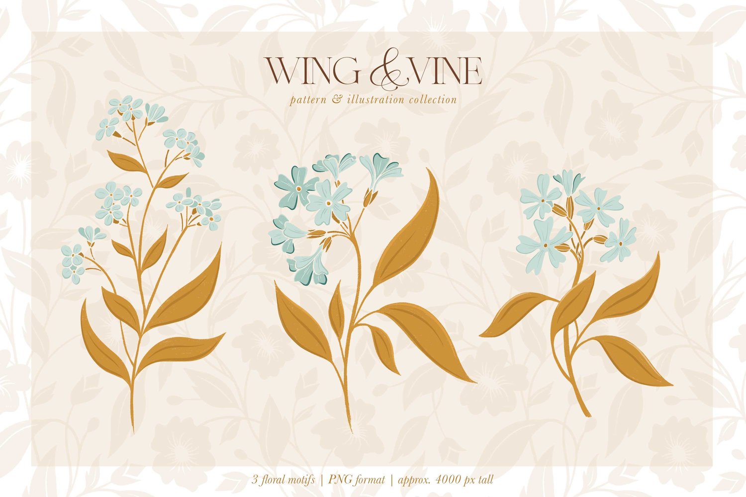 Surface pattern design collection in mint green and gold with Florals, butterflies, bugs, bees, gingham, stripes, and leaves
