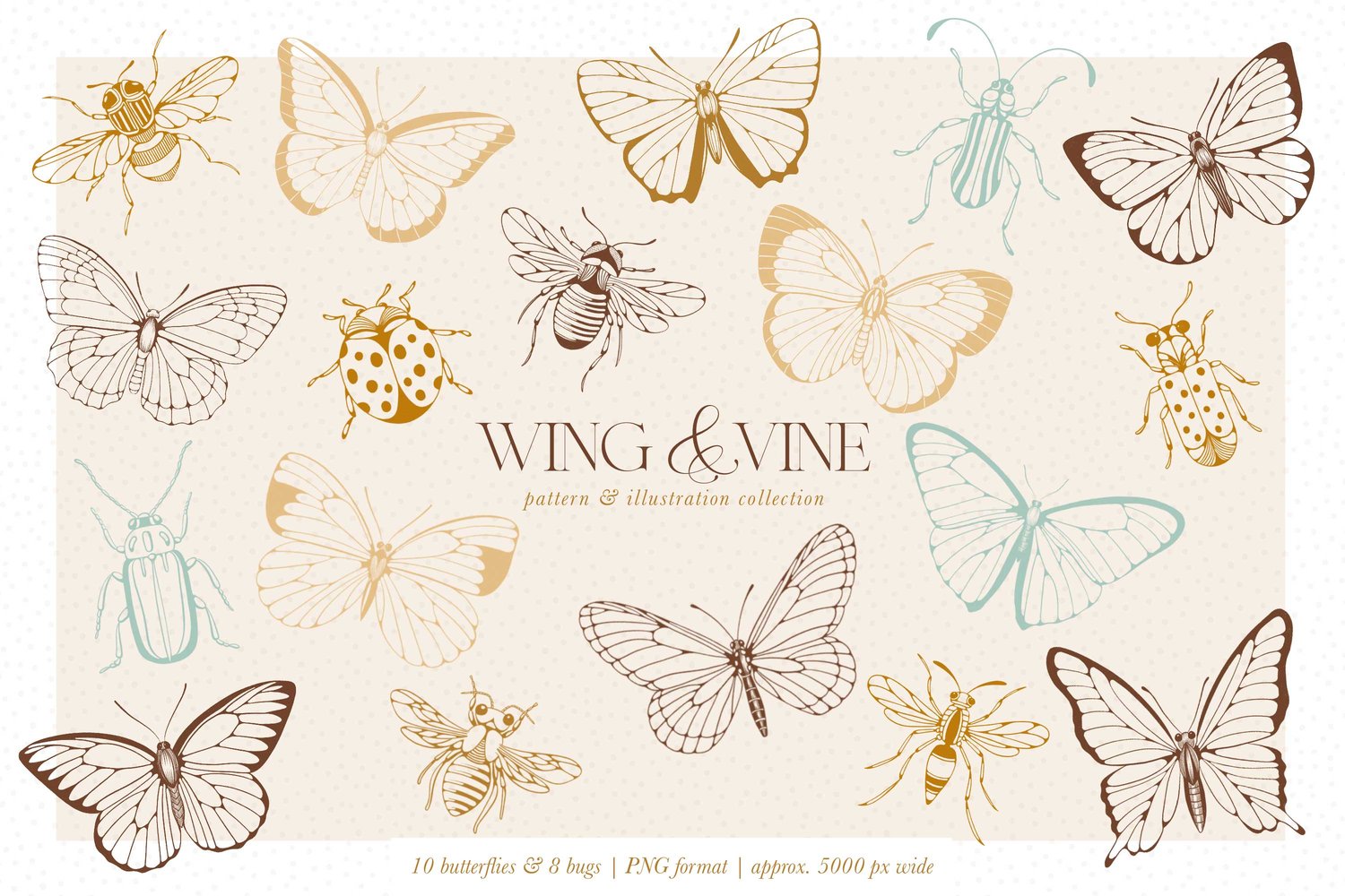 Surface pattern design collection in mint green and gold with Florals, butterflies, bugs, bees, gingham, stripes, and leaves