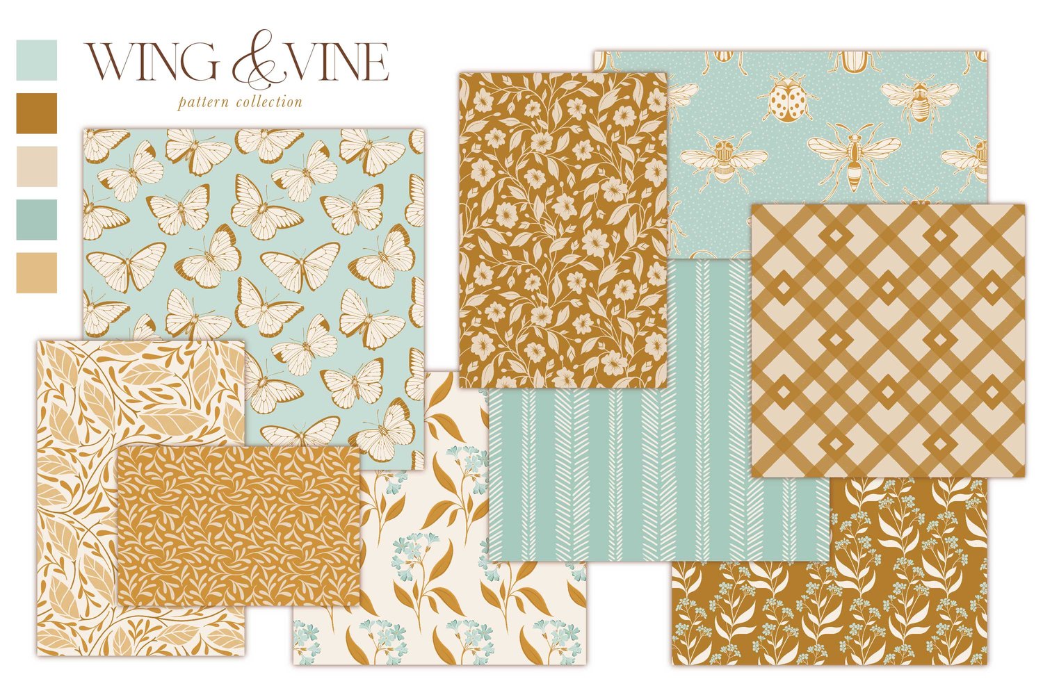 Surface pattern design collection in mint green and gold with Florals, butterflies, bugs, bees, gingham, stripes, and leaves