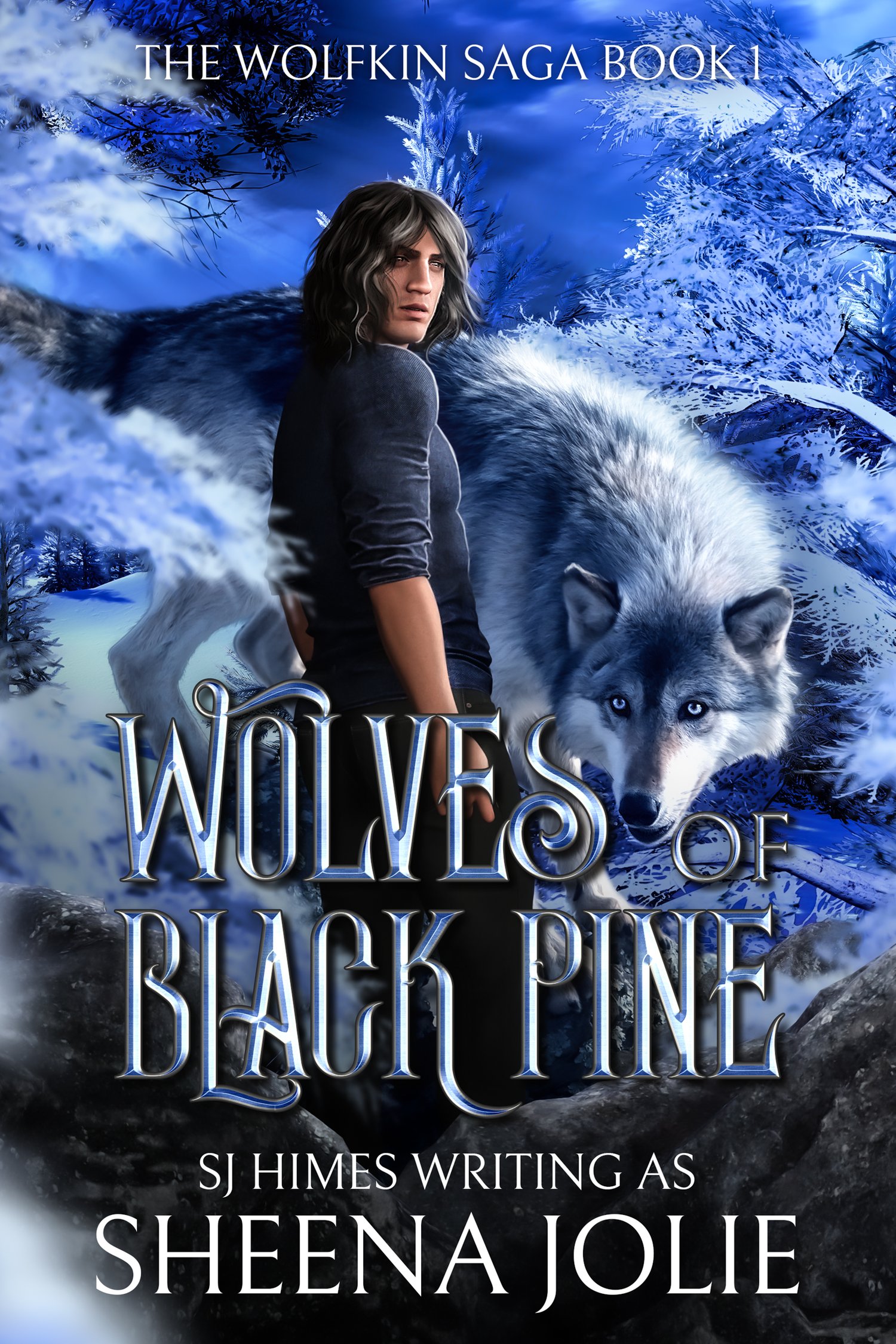 Image of a man standing in front of a large gray wolf. Book title Wolves of Black Pine by Sheena Jolie.