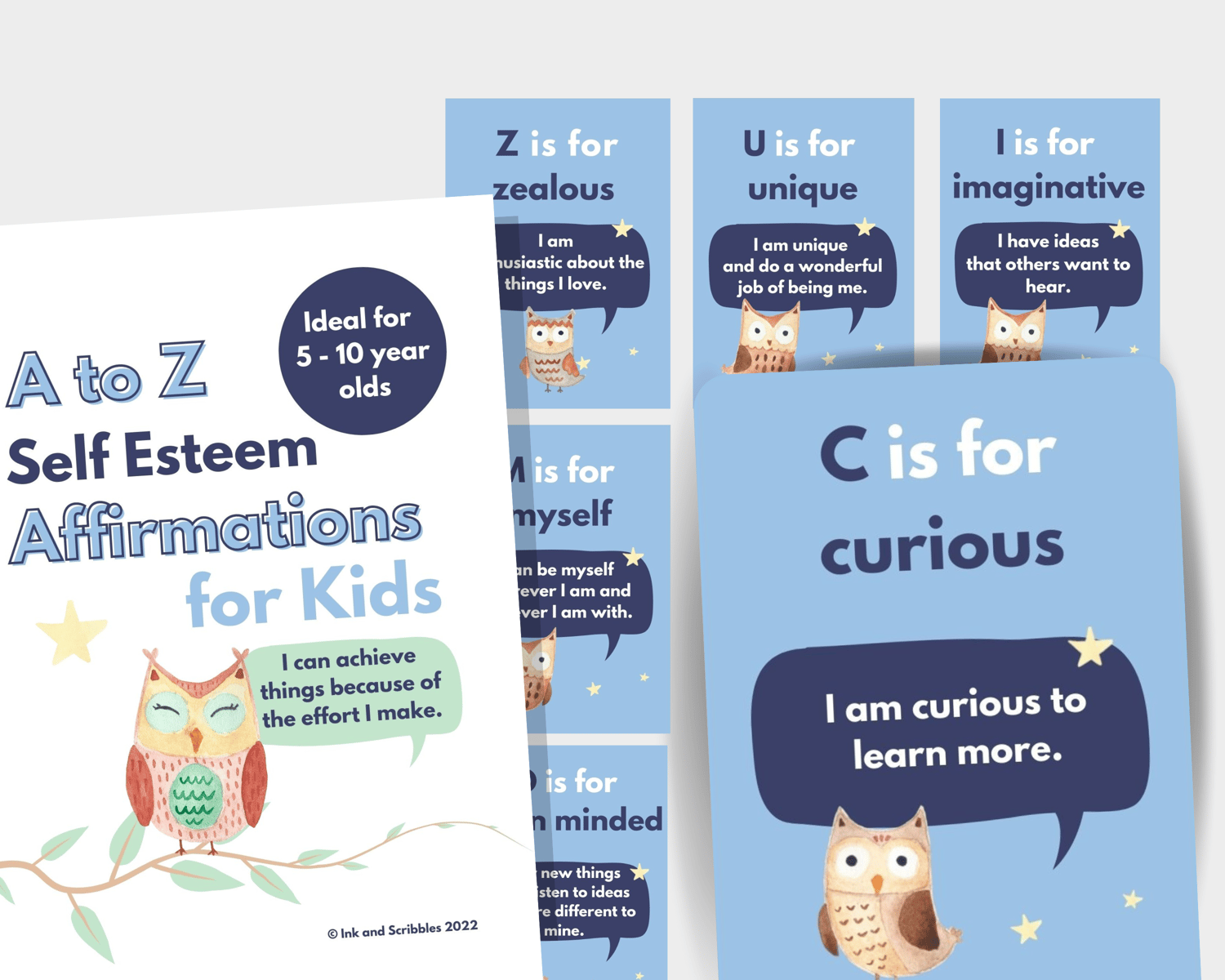 A to Z Alphabet Affirmation Cards for Kids, printable, PDF, cute