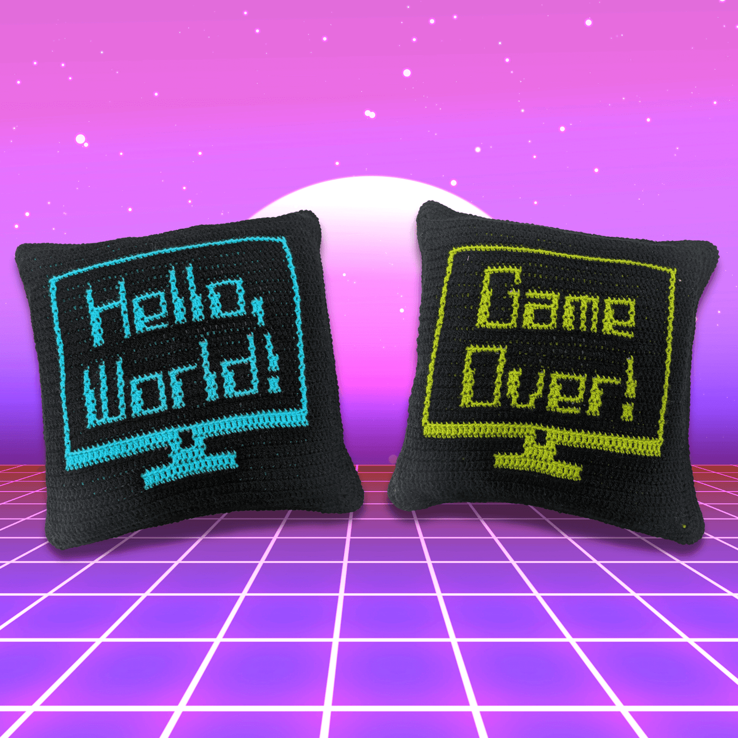 Two cushion with Hallo World and Game Over on them in a retro eighties style font