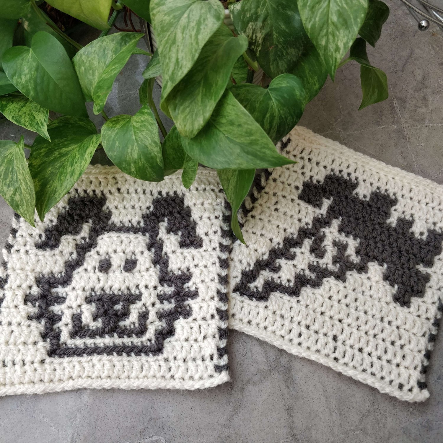 Crochet square motifs showing a rabbits face and a carrot
