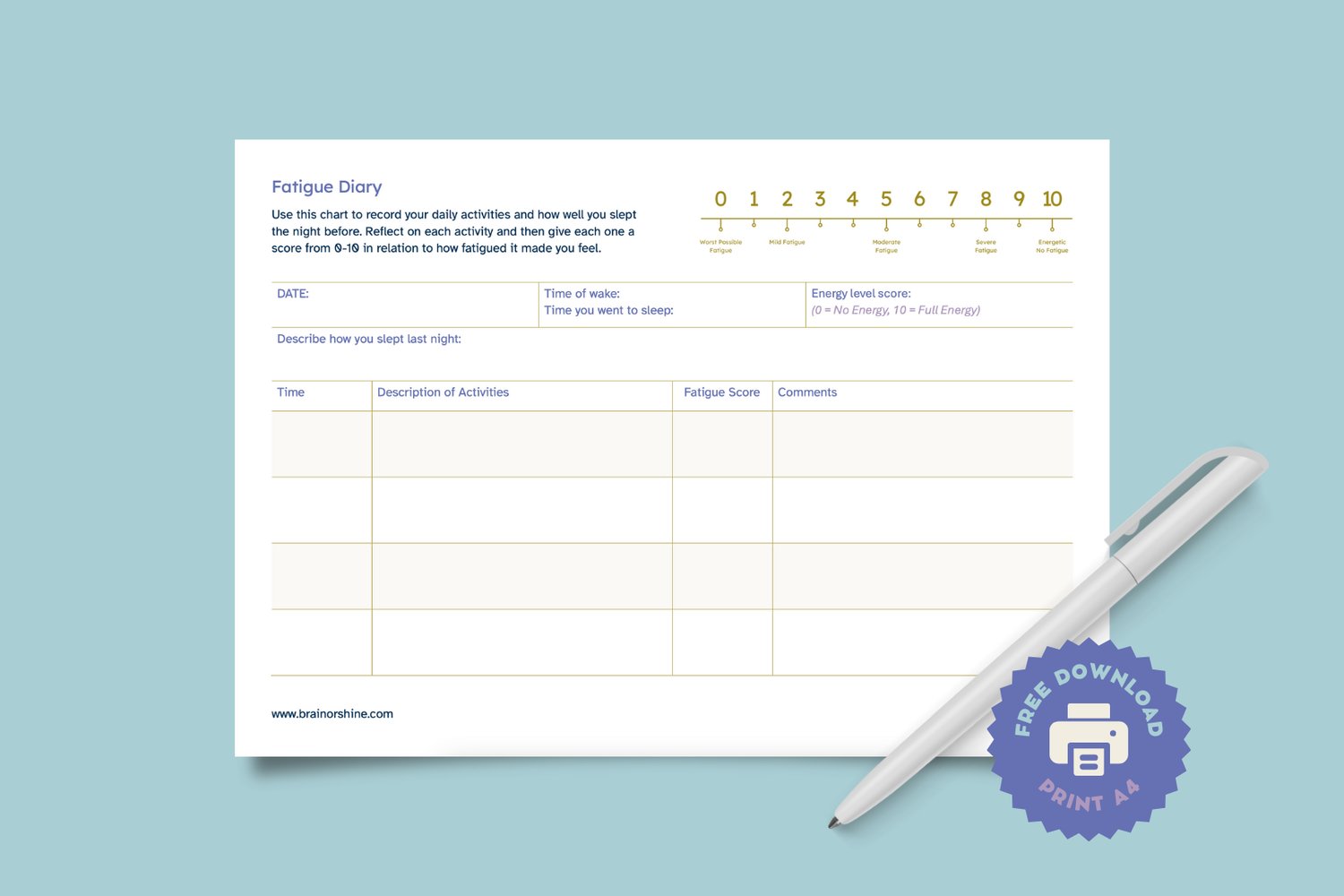 Fatigue diary to help brain injury survivors manage fatigue levels and identify triggers throughout their day