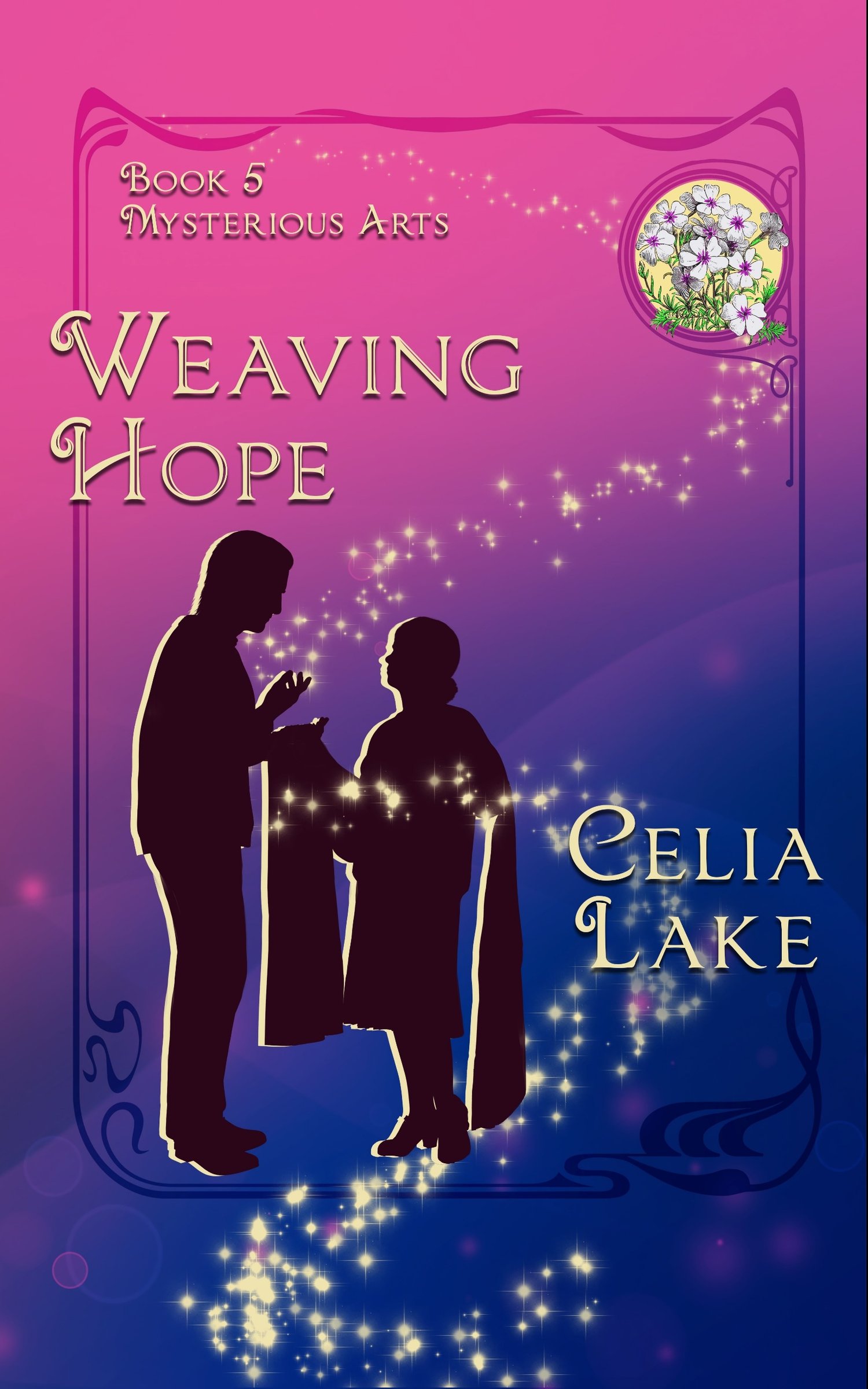 Weaving Hope by Celia Lake: A man and woman in 1920s informal clothing are silhouetted on a bright pink background shading to purple. She is holding out a length of cloth to him, showing him something, with phlox flowers inset in the upper right corner.