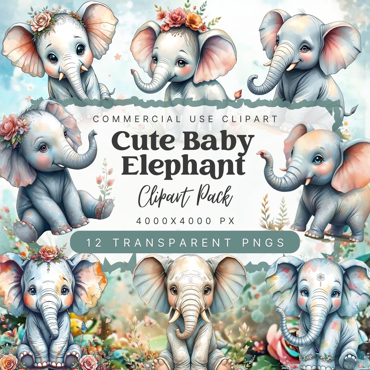 Cute Baby Elephant Clipart – 12 High-Resolution PNG Images