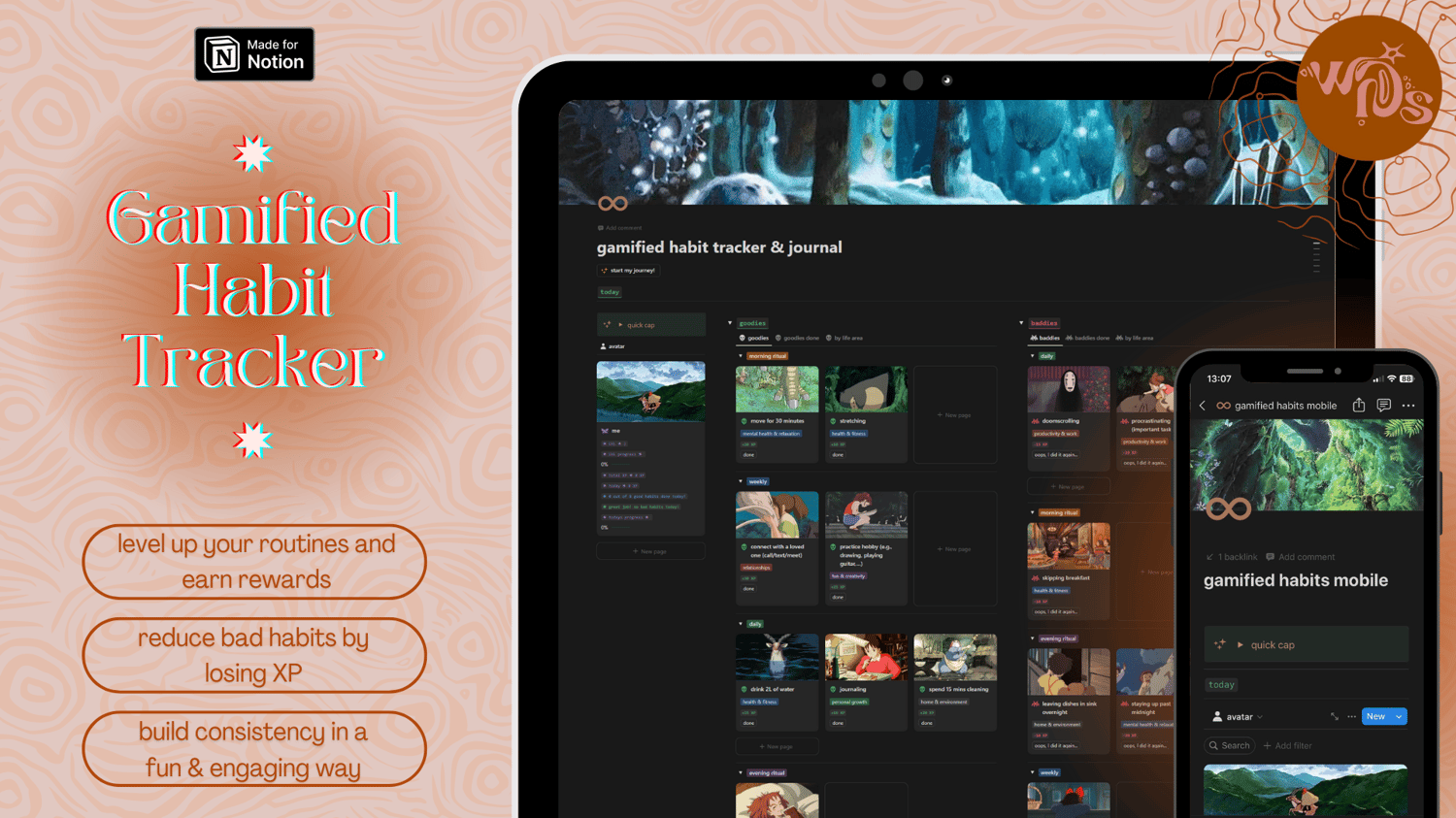 A digital mockup of a Notion habit tracker with a progress bar, XP points, and gamification elements.