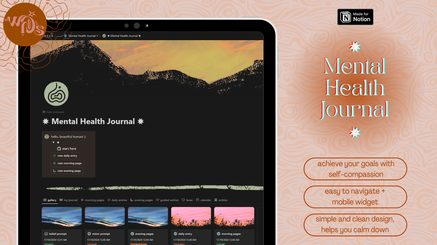 A digital mockup of a Notion Daily Mental Health Wellness Journal and Mood Tracker, with journaling prompts and a mobile widget page..