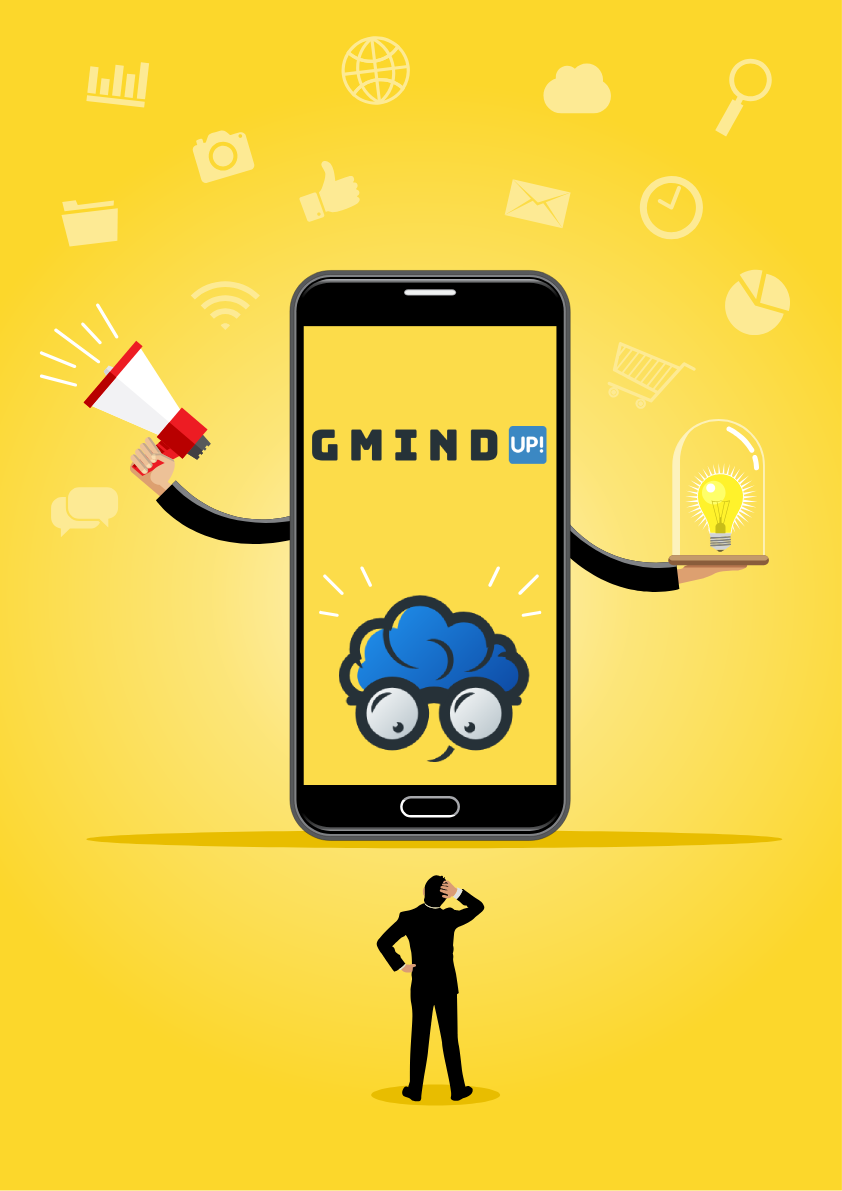 Homme d'affaires regardant un téléphone portable géant connecté la newsletter Gmind