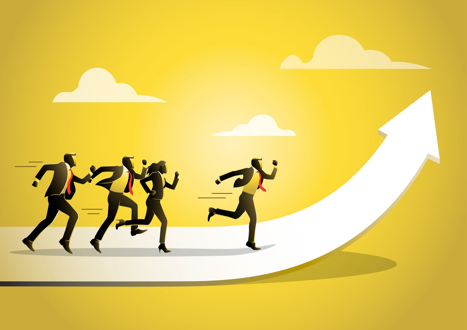 Followers qui courent sur la flèche du chemin de carrière - Concept audience newsletter gmind