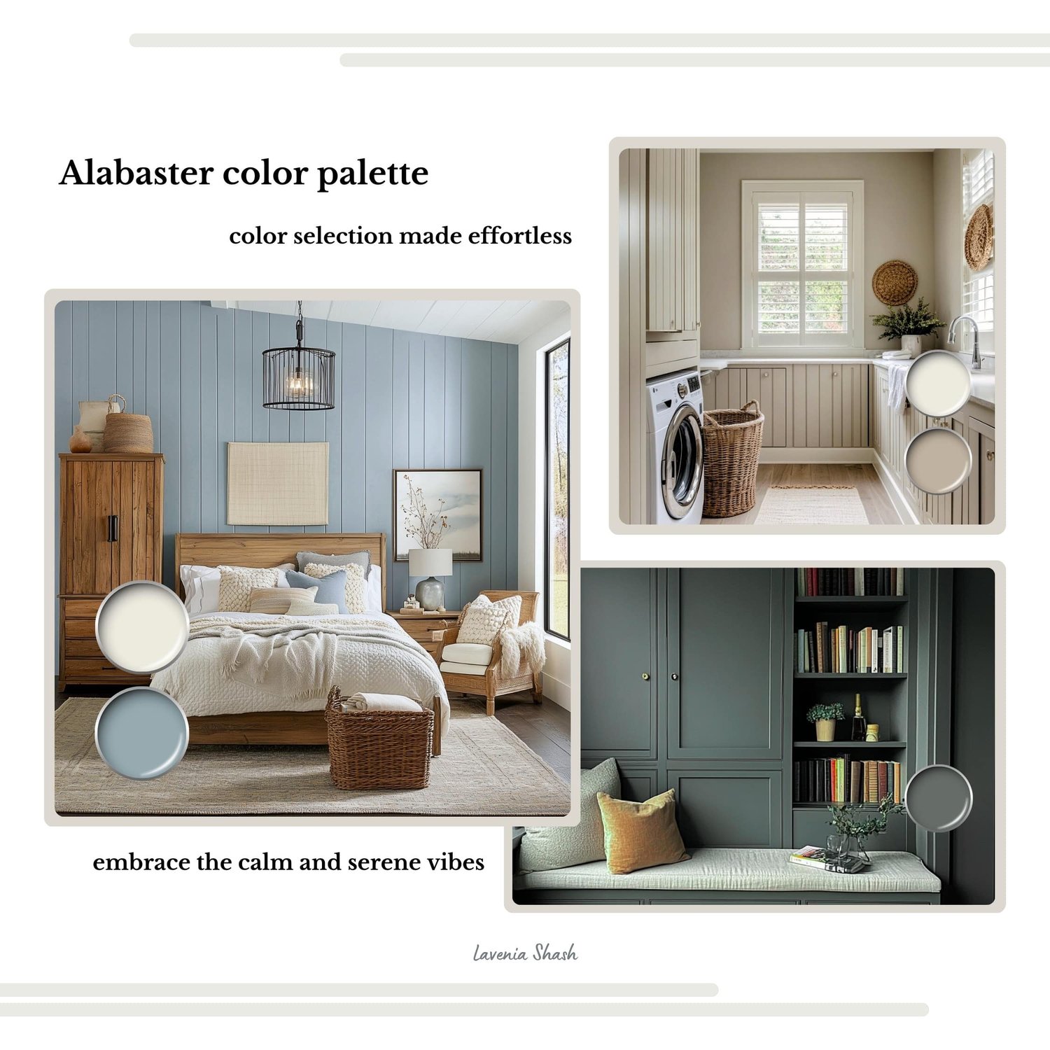 Sherwin Williams Alabaster paint palette. Whole house color scheme with neutrals and coordinating colors. Paint colors for home with white, warm gray, greige, green, blue and blush pink. Interior design color scheme created by Lavenia Shash.
