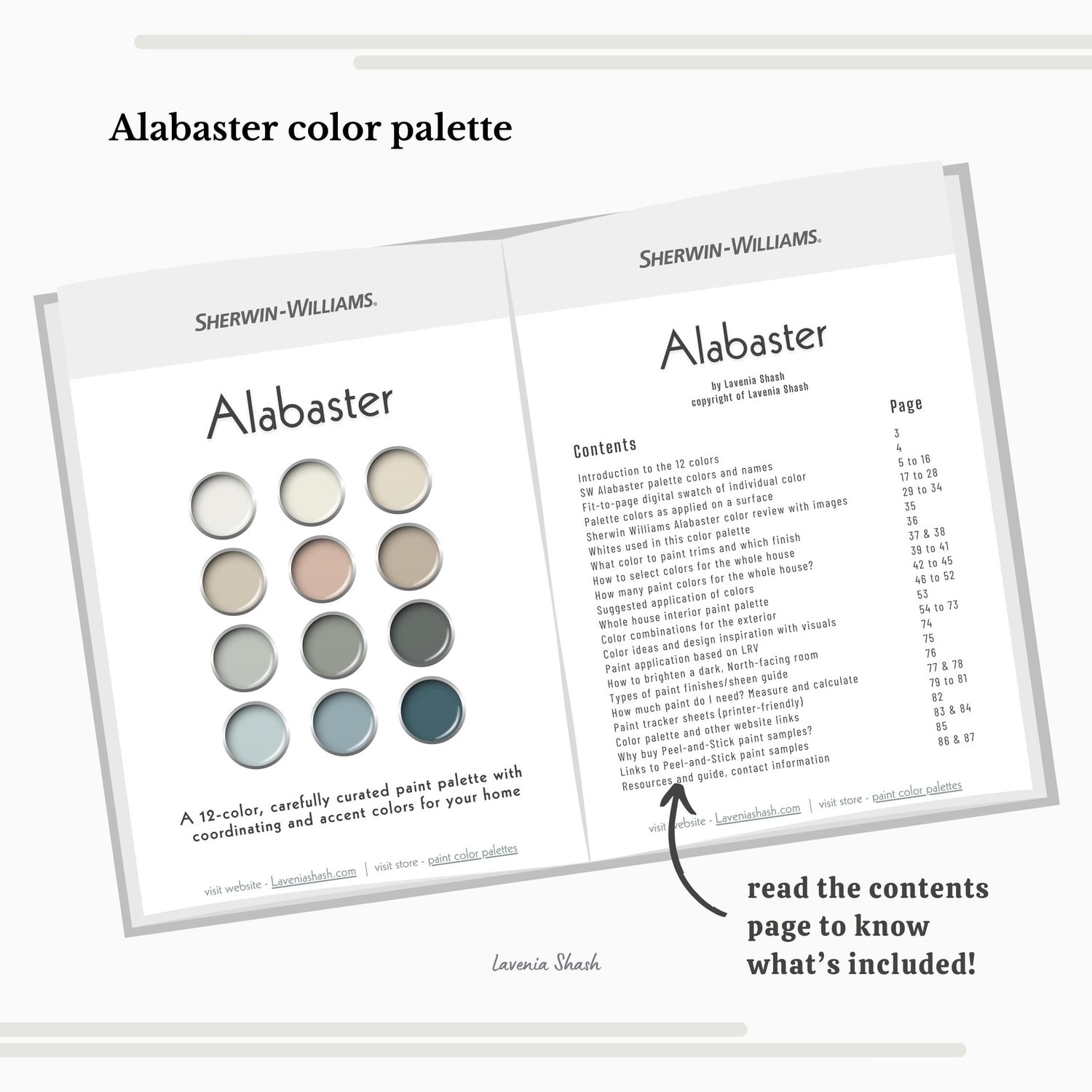 Sherwin Williams Alabaster paint palette. Whole house color scheme with neutrals and coordinating colors. Paint colors for home with white, warm gray, greige, green, blue and blush pink. Interior design color scheme created by Lavenia Shash.