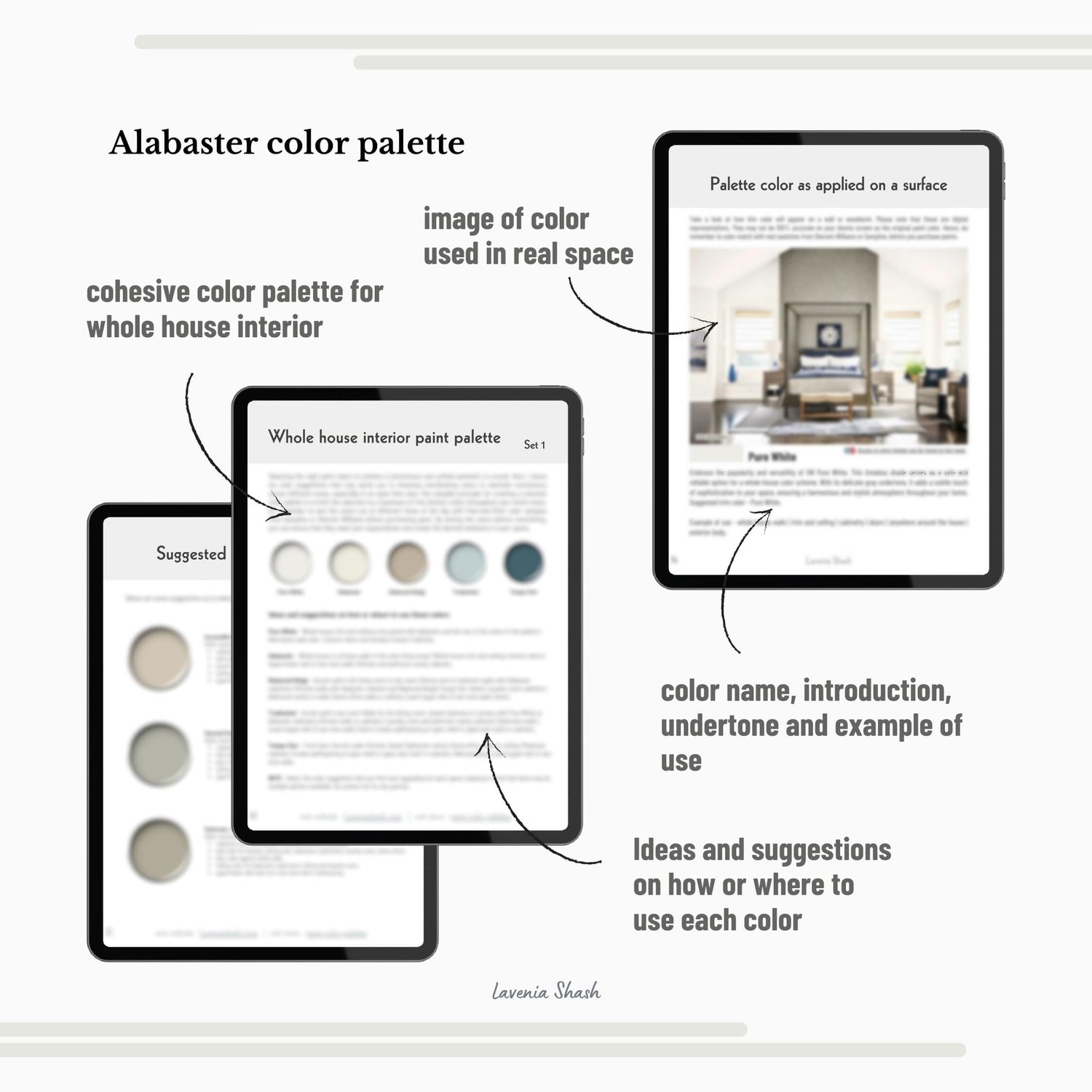 Sherwin Williams Alabaster paint palette. Whole house color scheme with neutrals and coordinating colors. Paint colors for home with white, warm gray, greige, green, blue and blush pink. Interior design color scheme created by Lavenia Shash.
