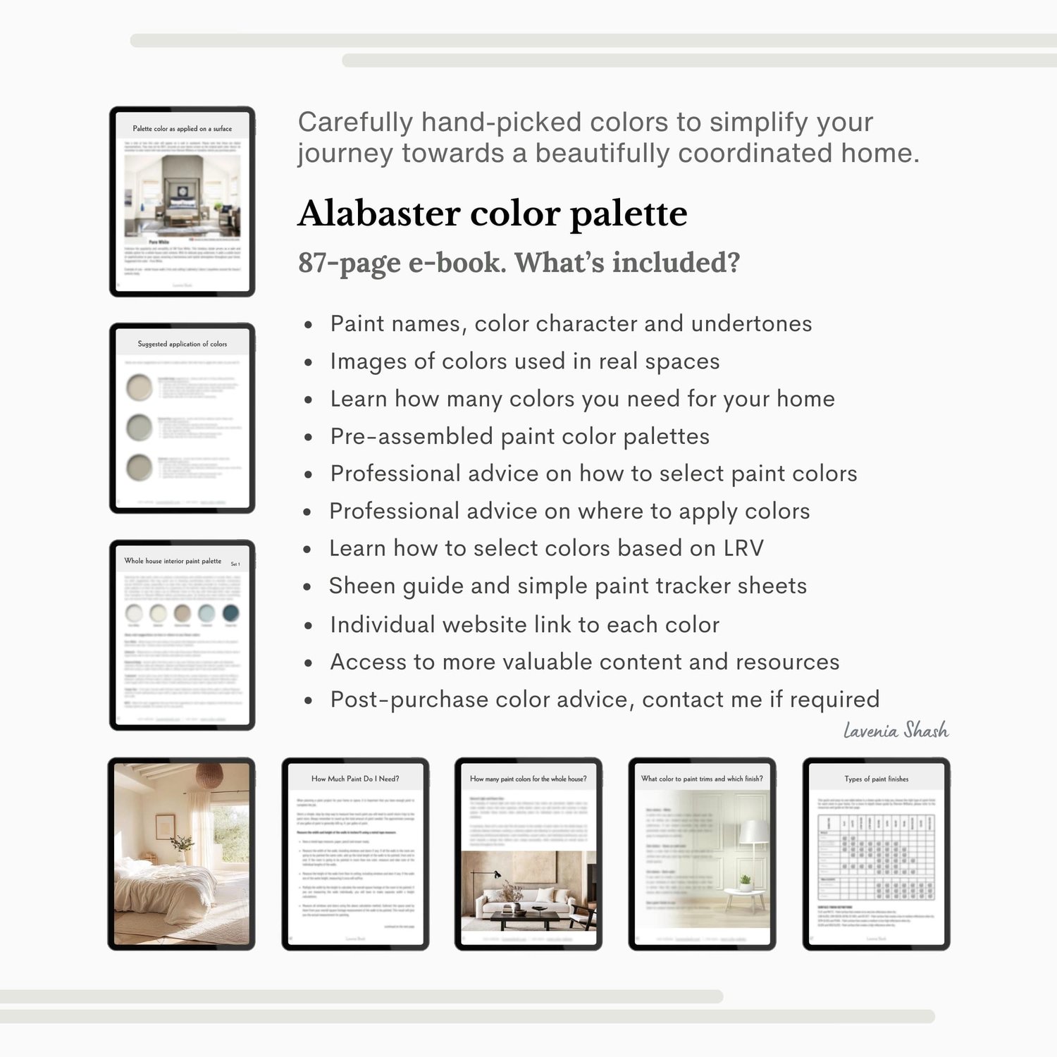Sherwin Williams Alabaster paint palette. Whole house color scheme with neutrals and coordinating colors. Paint colors for home with white, warm gray, greige, green, blue and blush pink. Interior design color scheme created by Lavenia Shash.