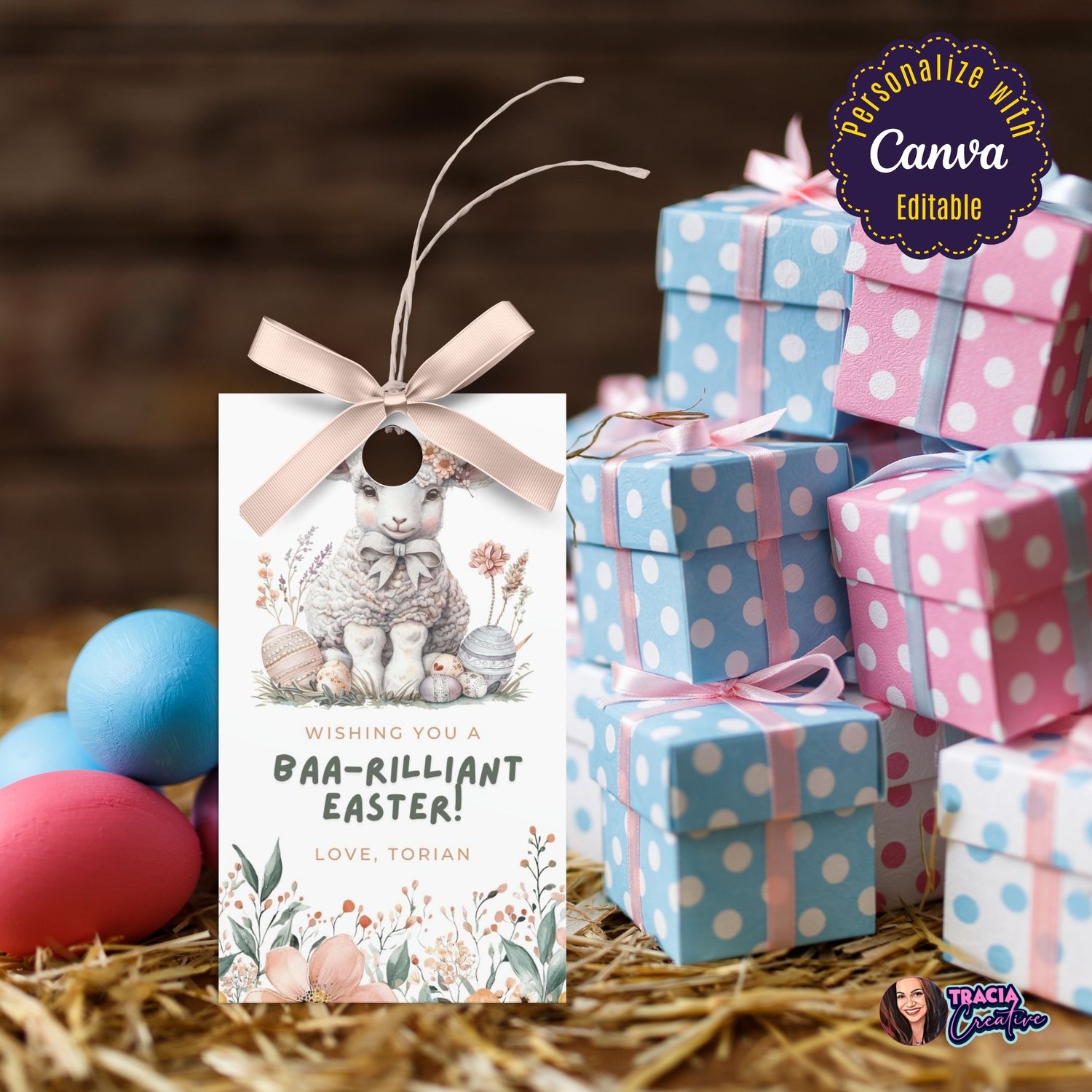 Editable Easter Gift Tag – Cute Lamb Design with Floral Border