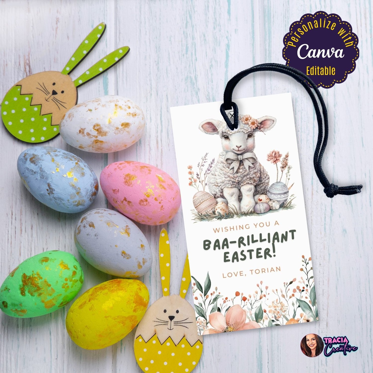 Editable Easter Gift Tag – Cute Lamb Design with Floral Border