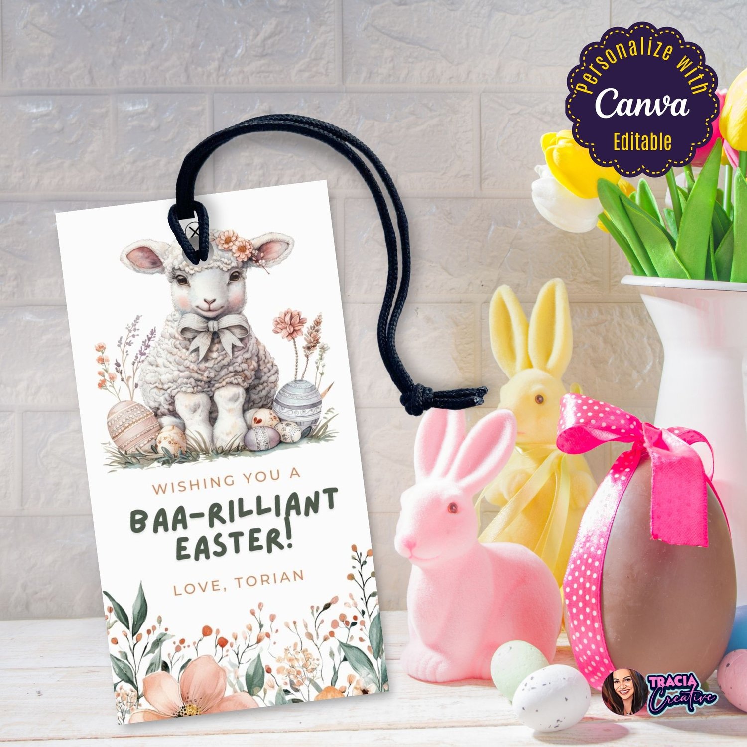 Editable Easter Gift Tag – Cute Lamb Design with Floral Border