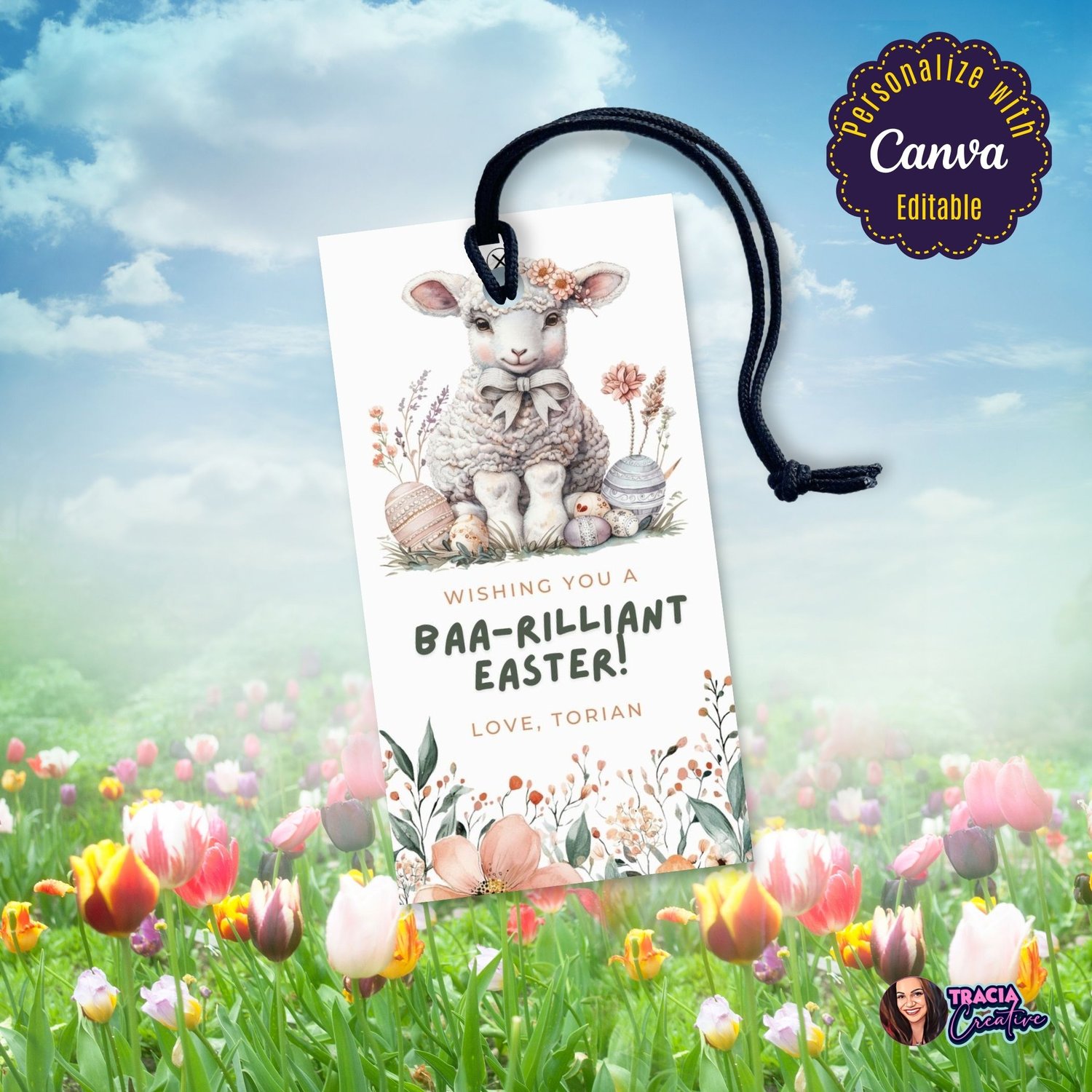 Editable Easter Gift Tag – Cute Lamb Design with Floral Border