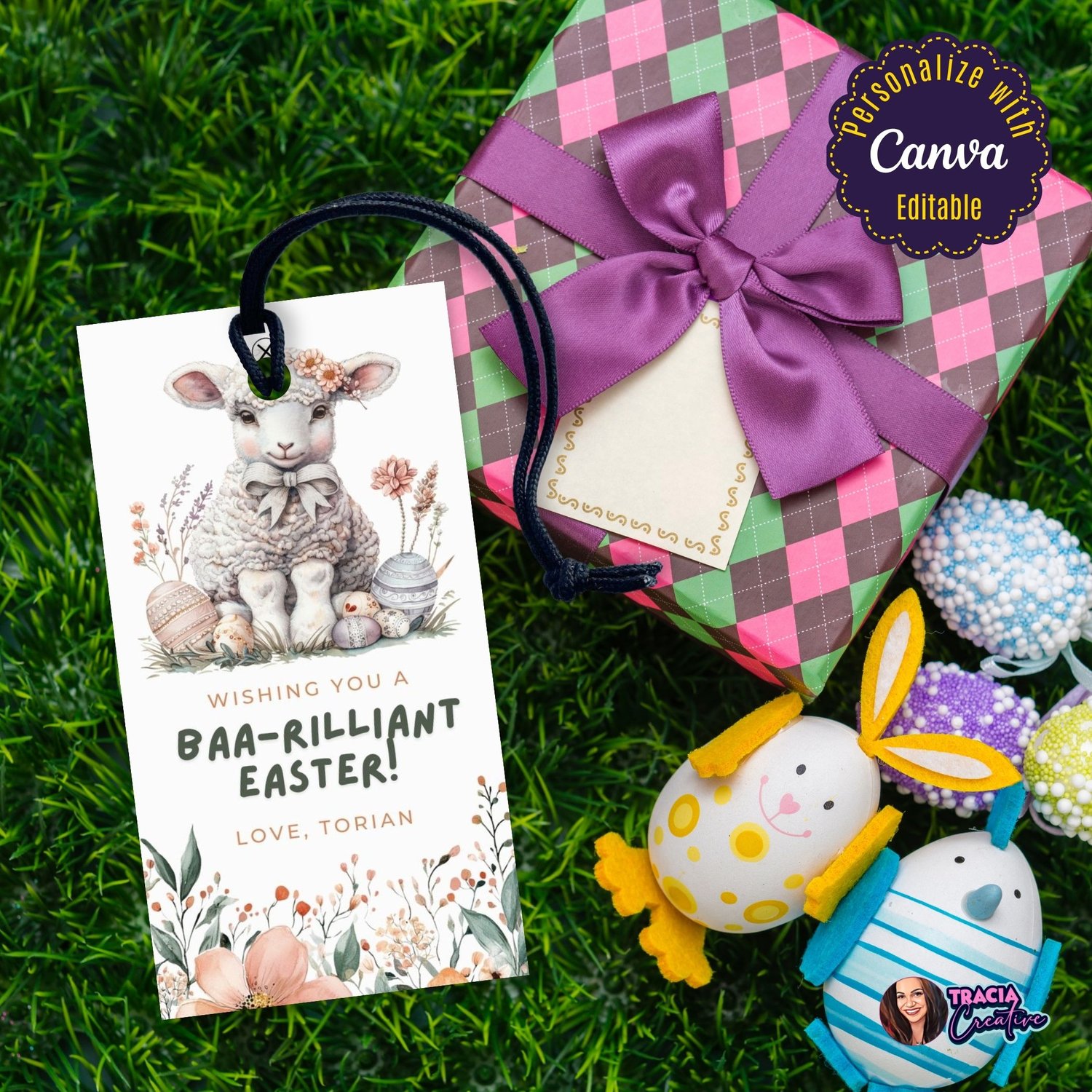 Editable Easter Gift Tag – Cute Lamb Design with Floral Border