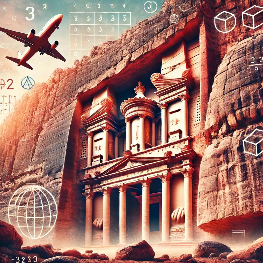 An illustrated view of Petra, Jordan, featuring the iconic Treasury carved into the rock. Subtle math symbols, a world map overlay, and an airplane icon add an educational and travel theme, representing a global math adventure for students