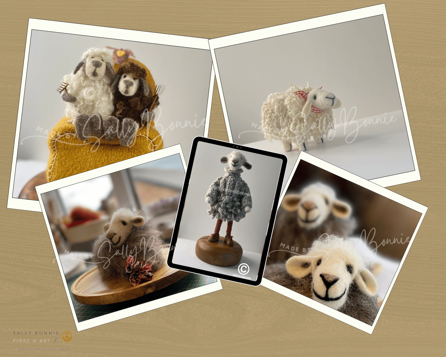 Colourful felted animals displayed together, part of the on line needle felting courses projects