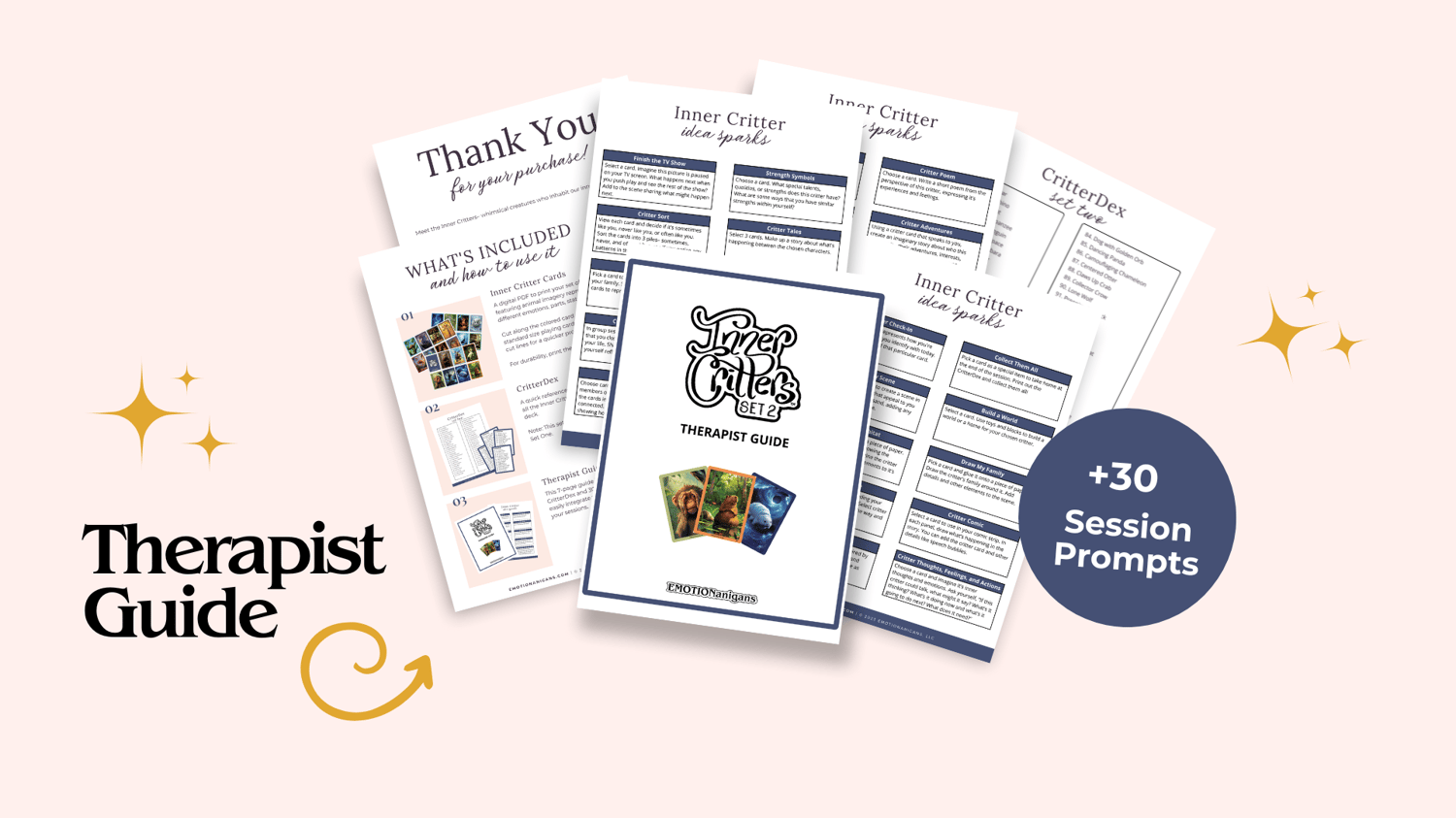 7 pages of the therapist guide for Inner Critters. The text reads plus 30 session prompts.