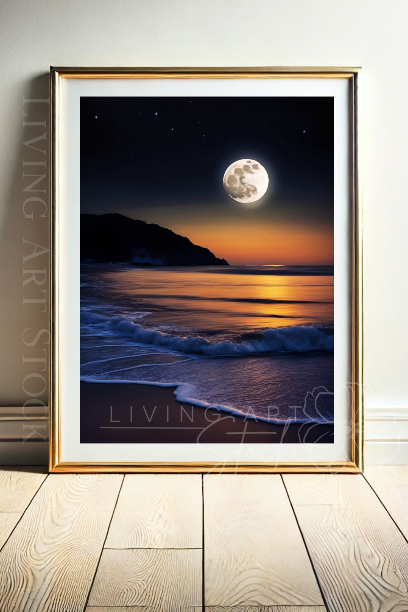 Printable Art Featuring Beautiful Sunset at the Beach with Glowing Full Moon