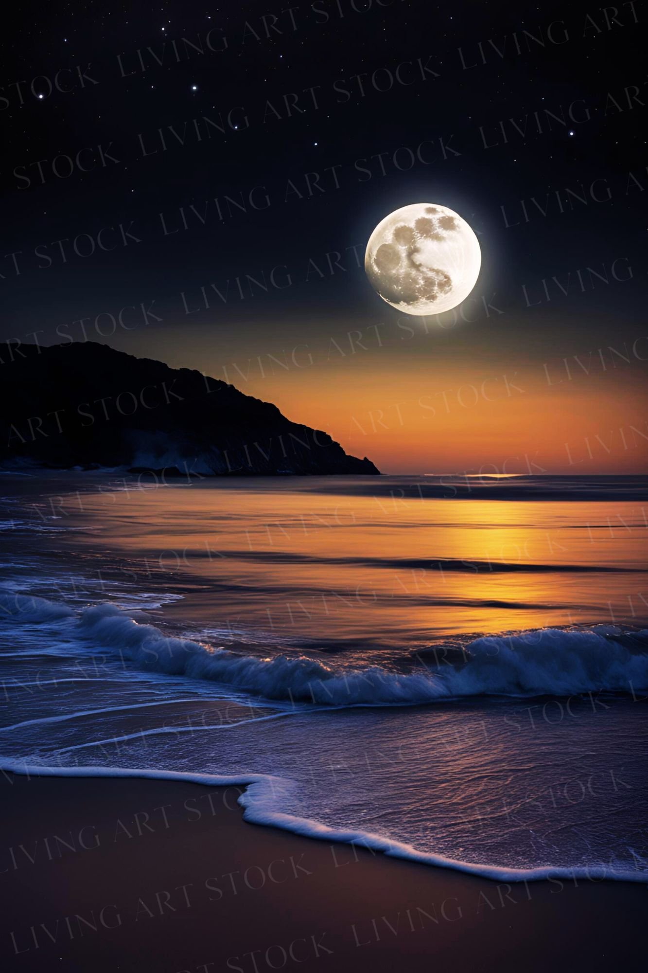 Beautiful Sunset at the Beach with Glowing Full Moon