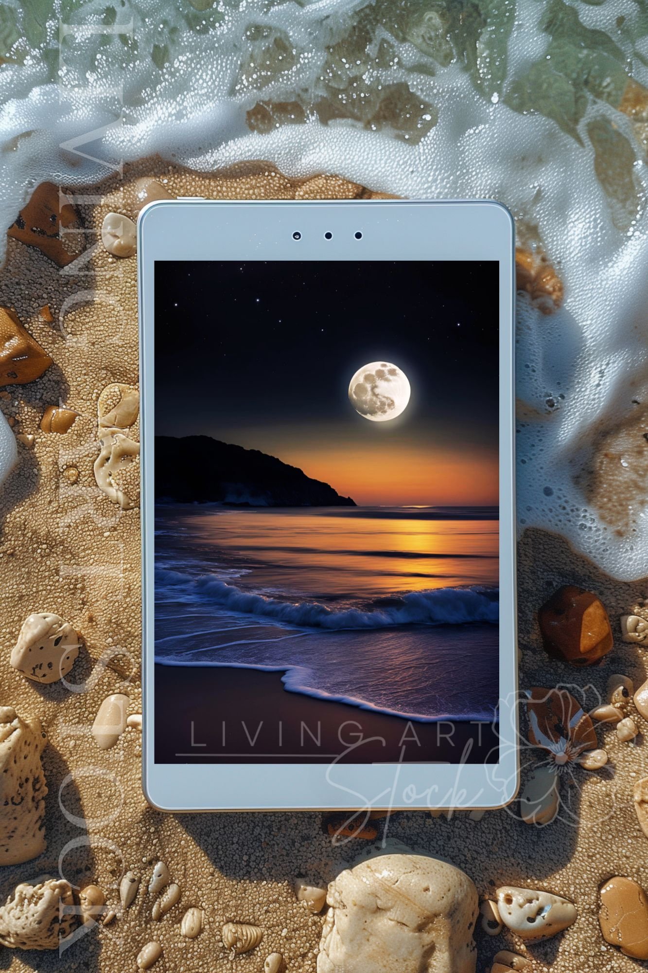 Digital Wallpaper, Beautiful Sunset at the Beach with Glowing Full Moon