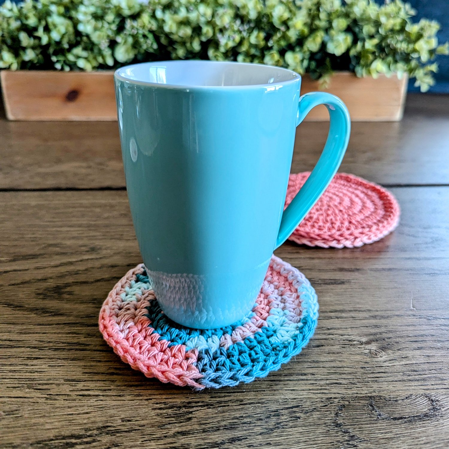 Easy 20-Minute Coaster Crochet Pattern with cup on table