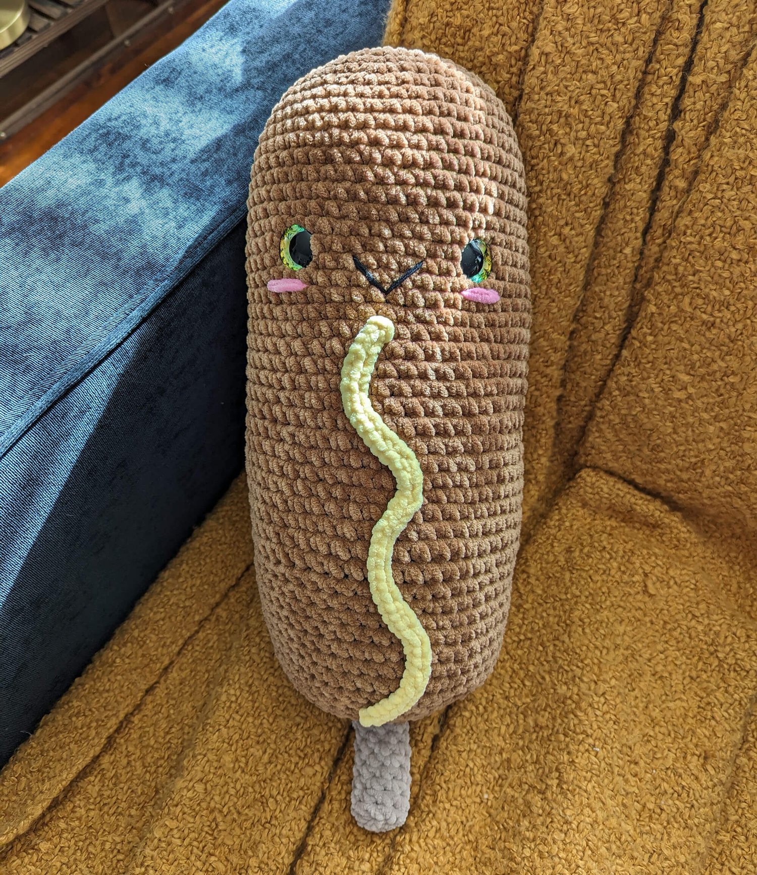Jumbo Corn Dog Crochet Pattern on couch