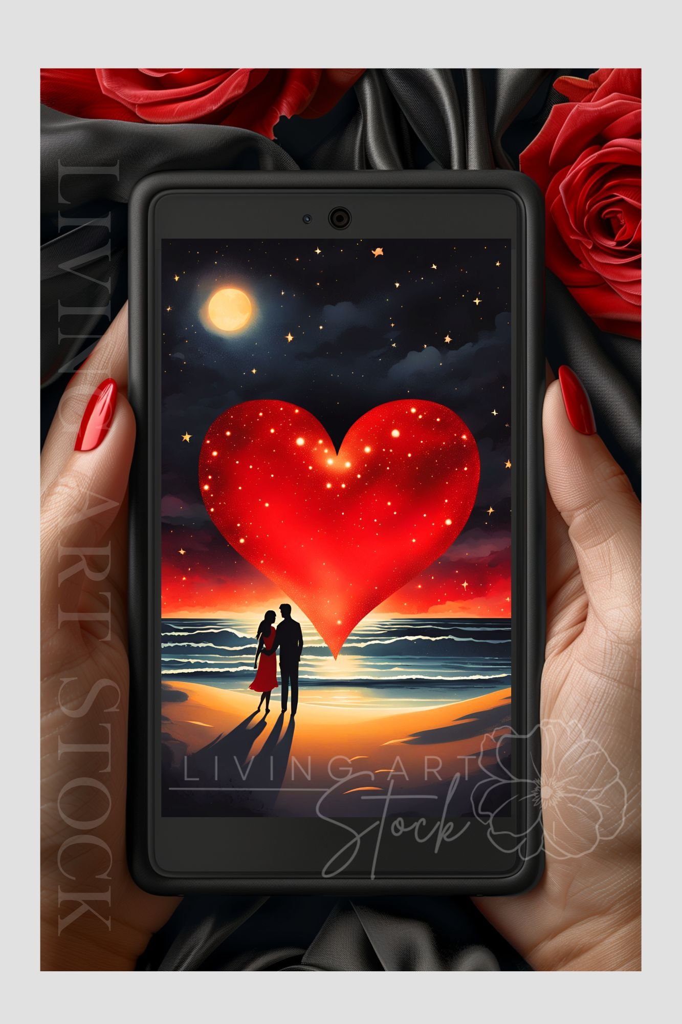 Digital Wallpaper featuring Romantic couple ambracing on the beach under night sky with big red heart and glowing full moon above