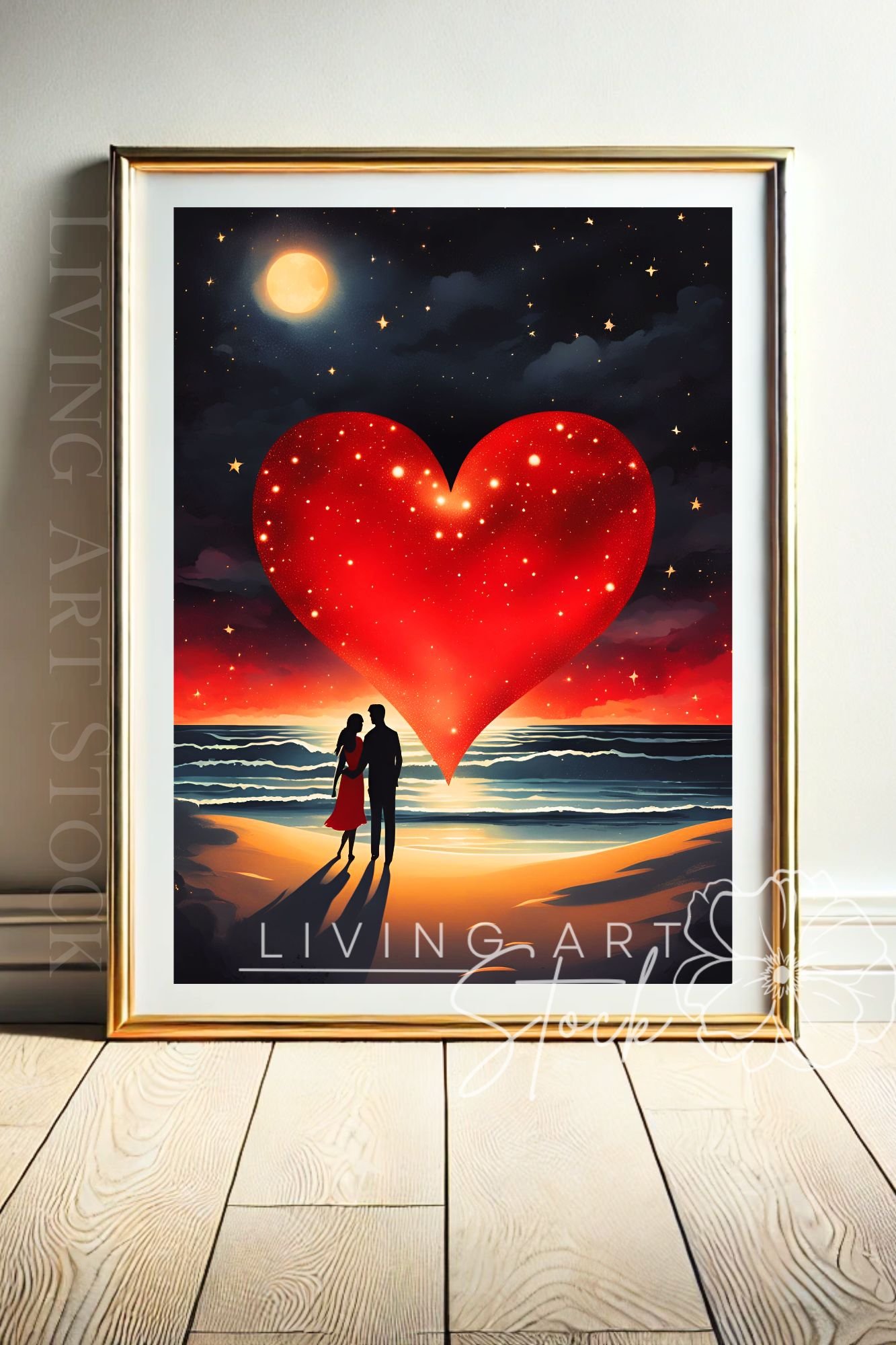 Printable art, Romantic couple ambracing on the beach under night sky with big red heart and glowing full moon above