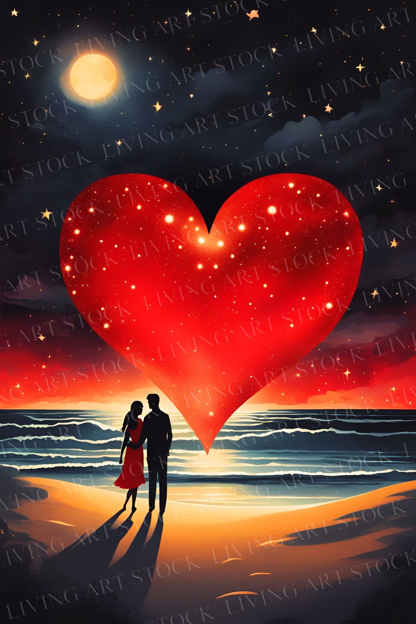 Romantic couple ambracing on the beach under night sky with big red heart and glowing full moon above