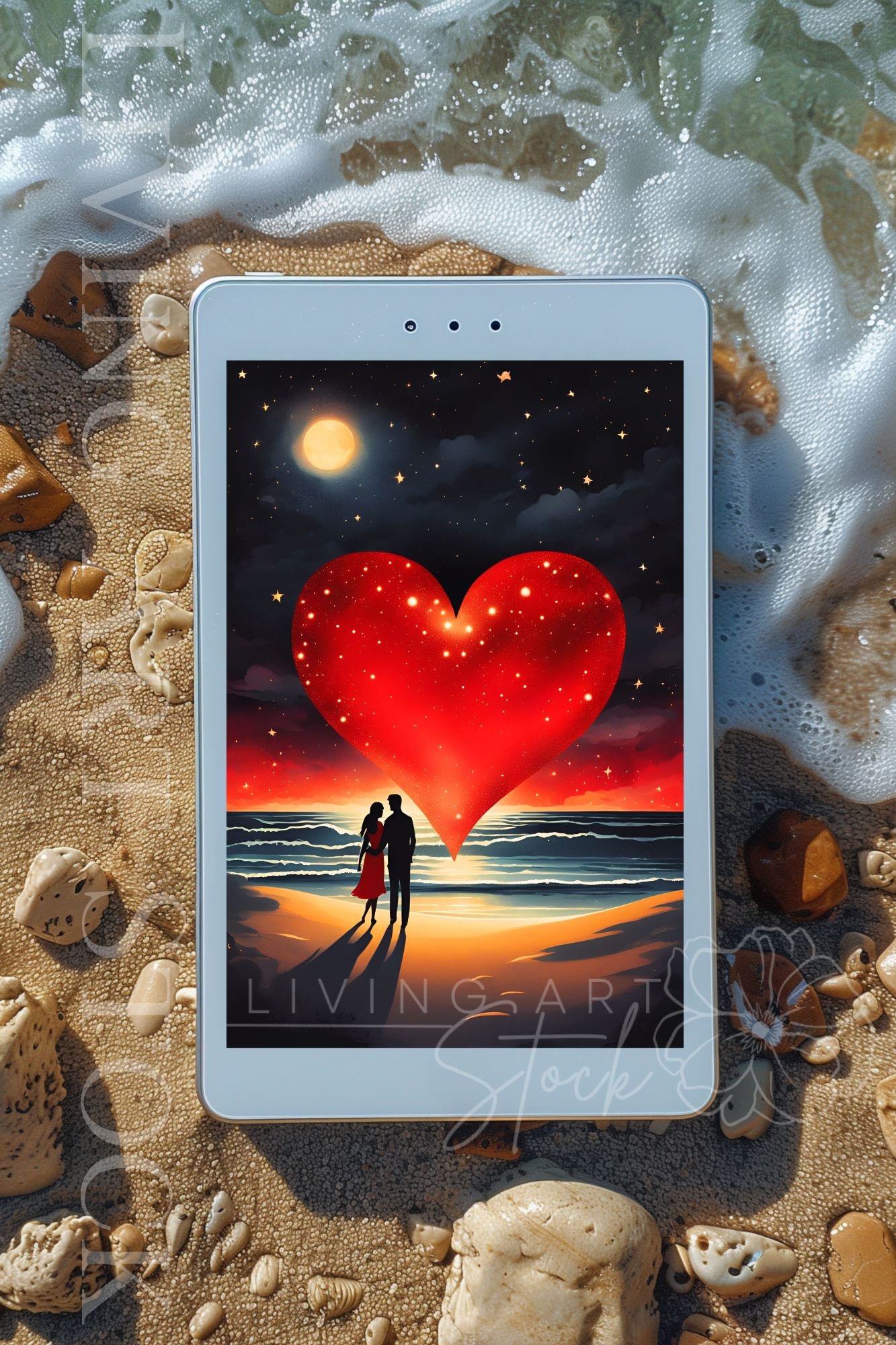 Digital Wallpaper featuring Romantic couple ambracing on the beach under night sky with big red heart and glowing full moon above