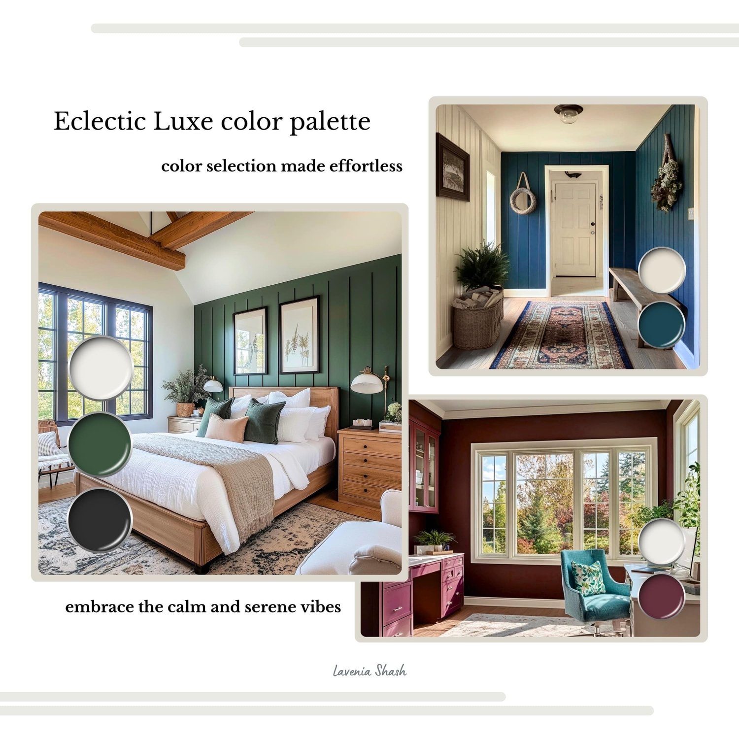 Sherwin Williams Eclectic Luxe Color Palette For Whole House Interior. Paint Scheme With Jewel Tones For Glam Maximalist, Bold Luxury Home Deco.