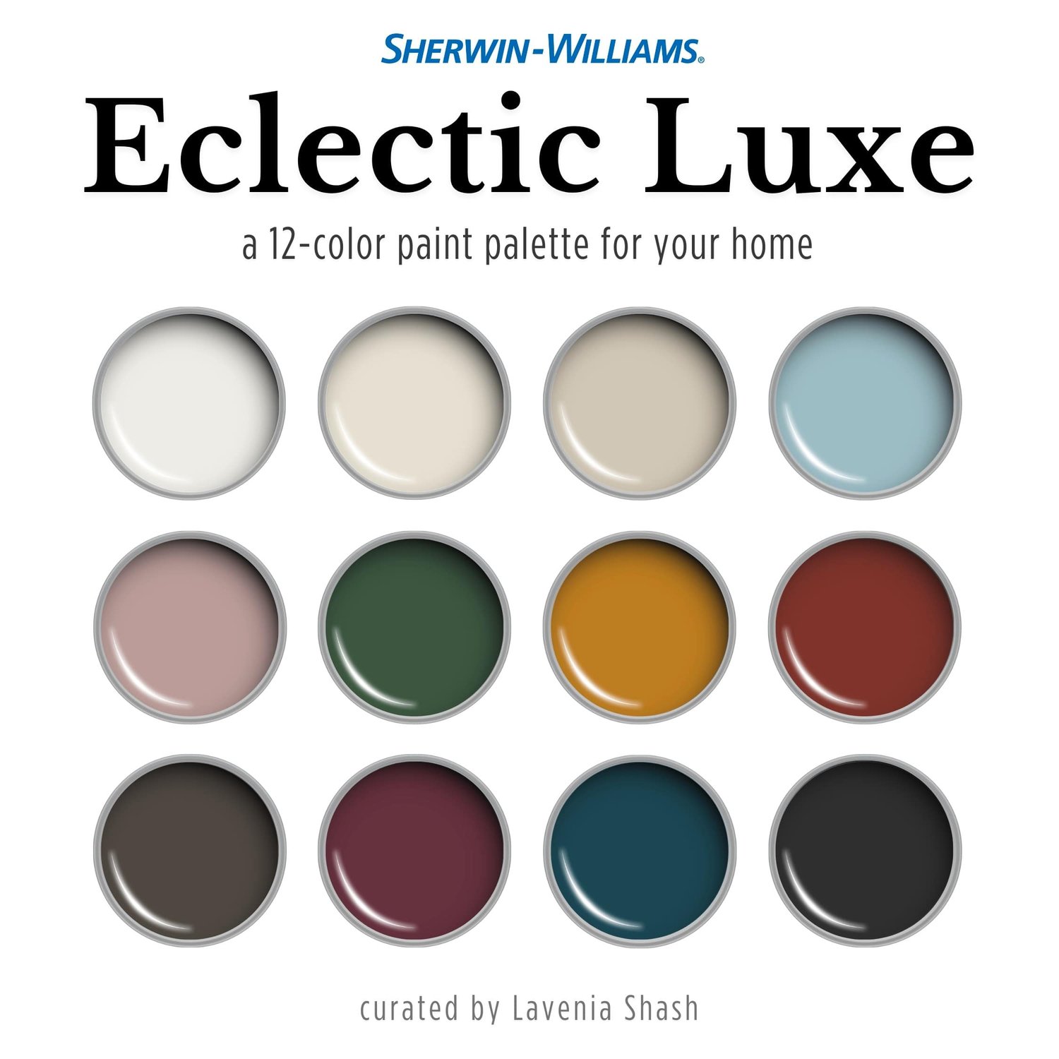 Sherwin Williams Eclectic Luxe Color Palette For Whole House Interior. Paint Scheme With Jewel Tones For Glam Maximalist, Bold Luxury Home Deco.