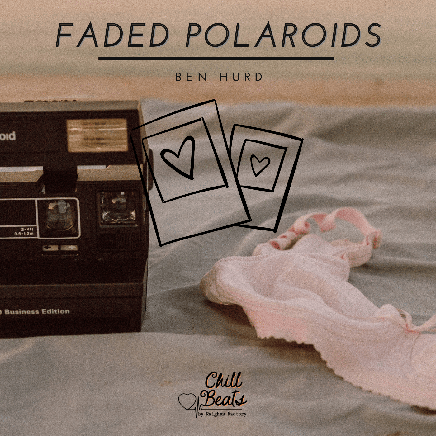 A vintage Polaroid camera with scattered photos and a delicate white bralette on a soft fabric, evoking nostalgia.