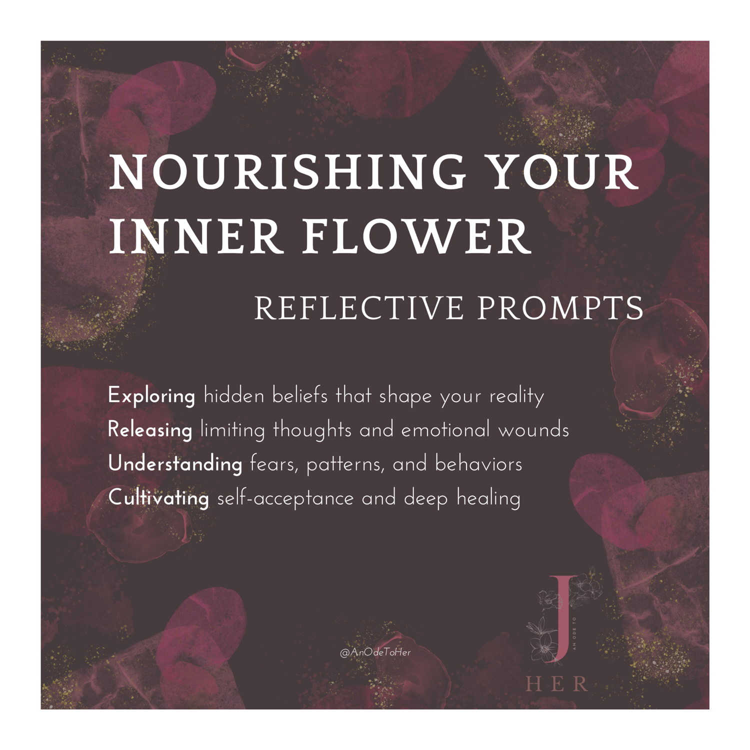 Dark floral digital journal cover titled “Nourishing Your Inner Flower: Reflective Prompts,” designed for self-reflection, healing, and personal growth journaling.